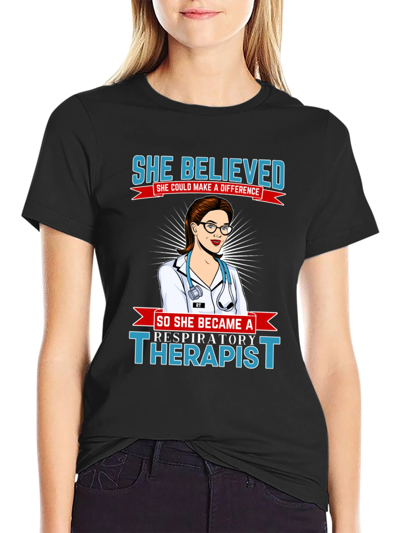 Black Respiratory Therapist T-Shirt - She Believed view 2