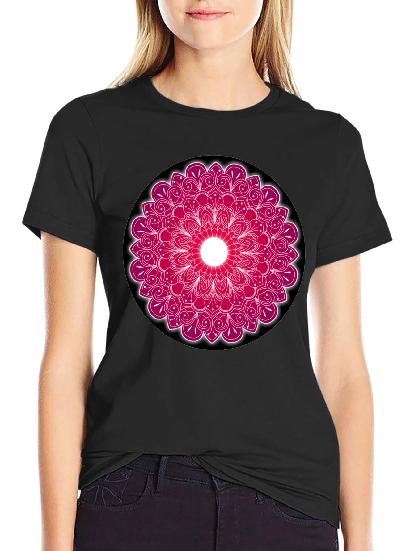 Black Mandala Print Crew Neck T-Shirt view 2