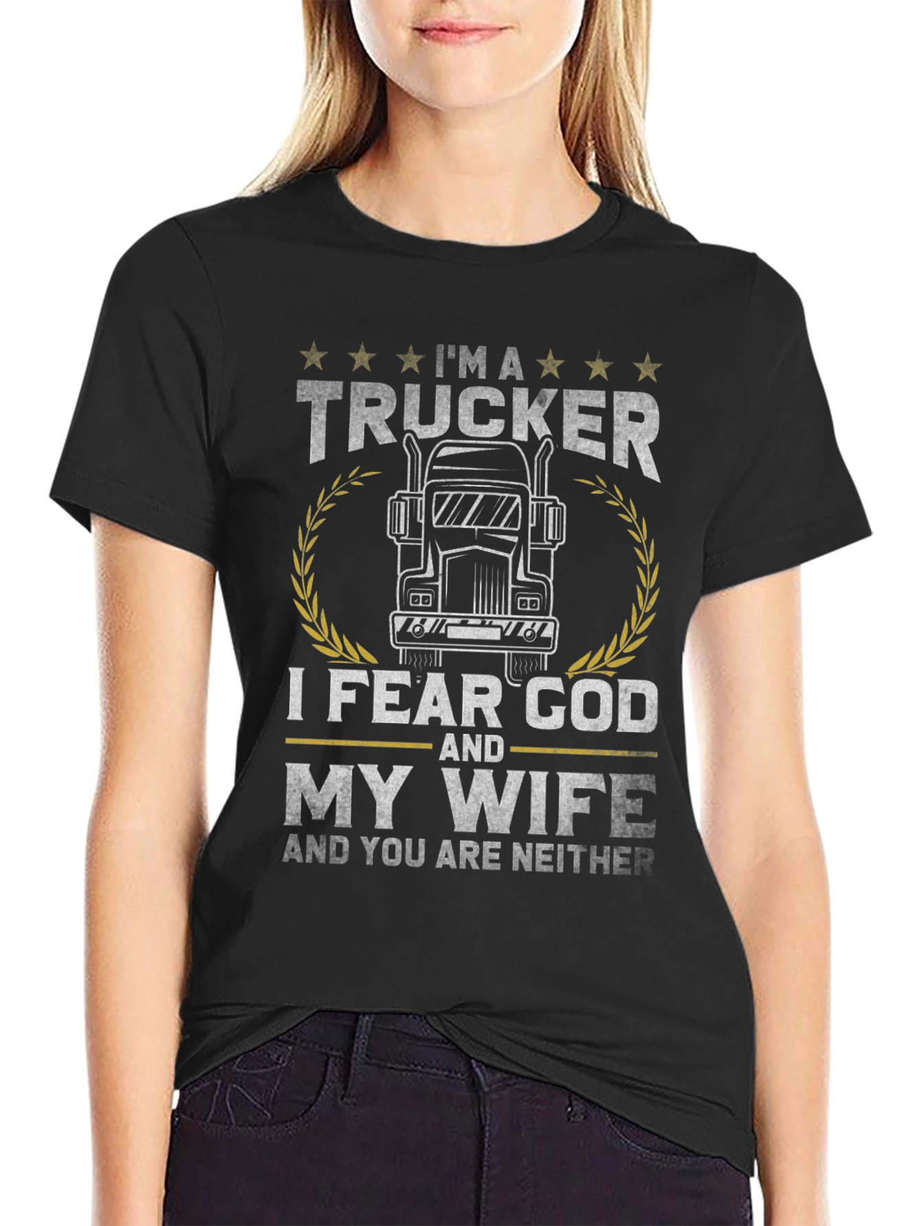 Black Trucker I Fear God and My Wife Graphic T-Shirt view 2