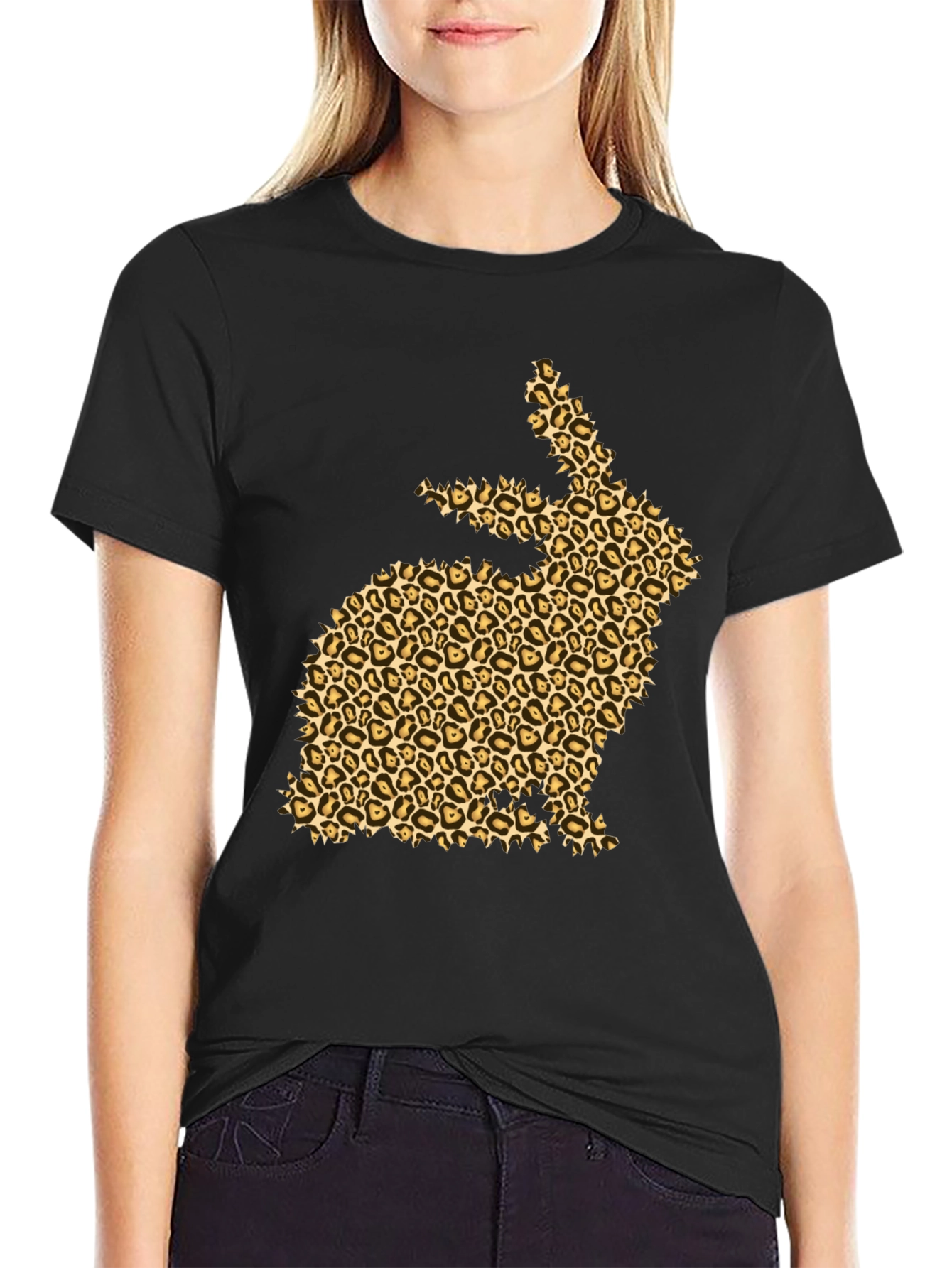 Black Leopard Print Bunny Black T-Shirt view 2