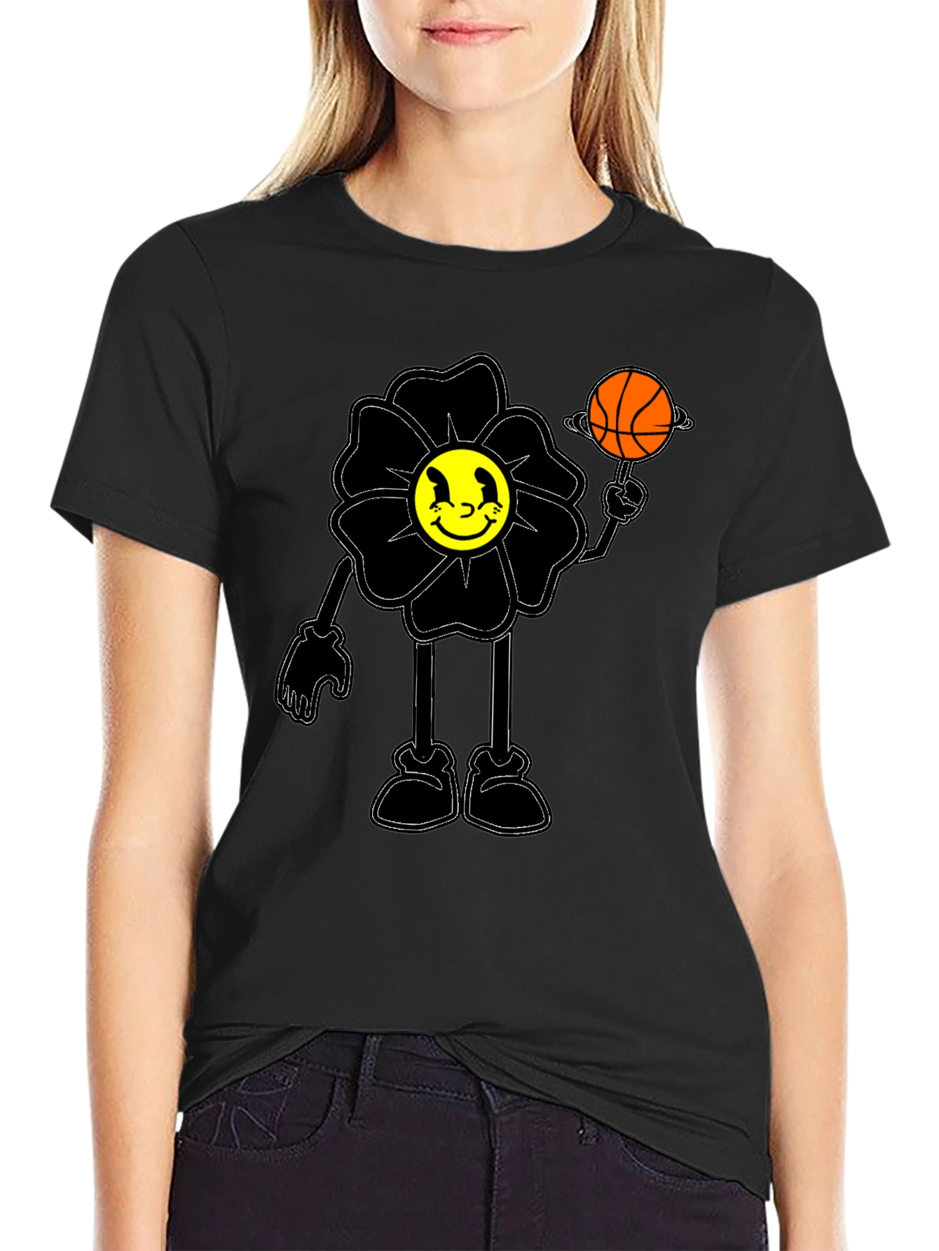 Black Smiley Flower Graphic Tee - Trendy Black T-Shirt view 2