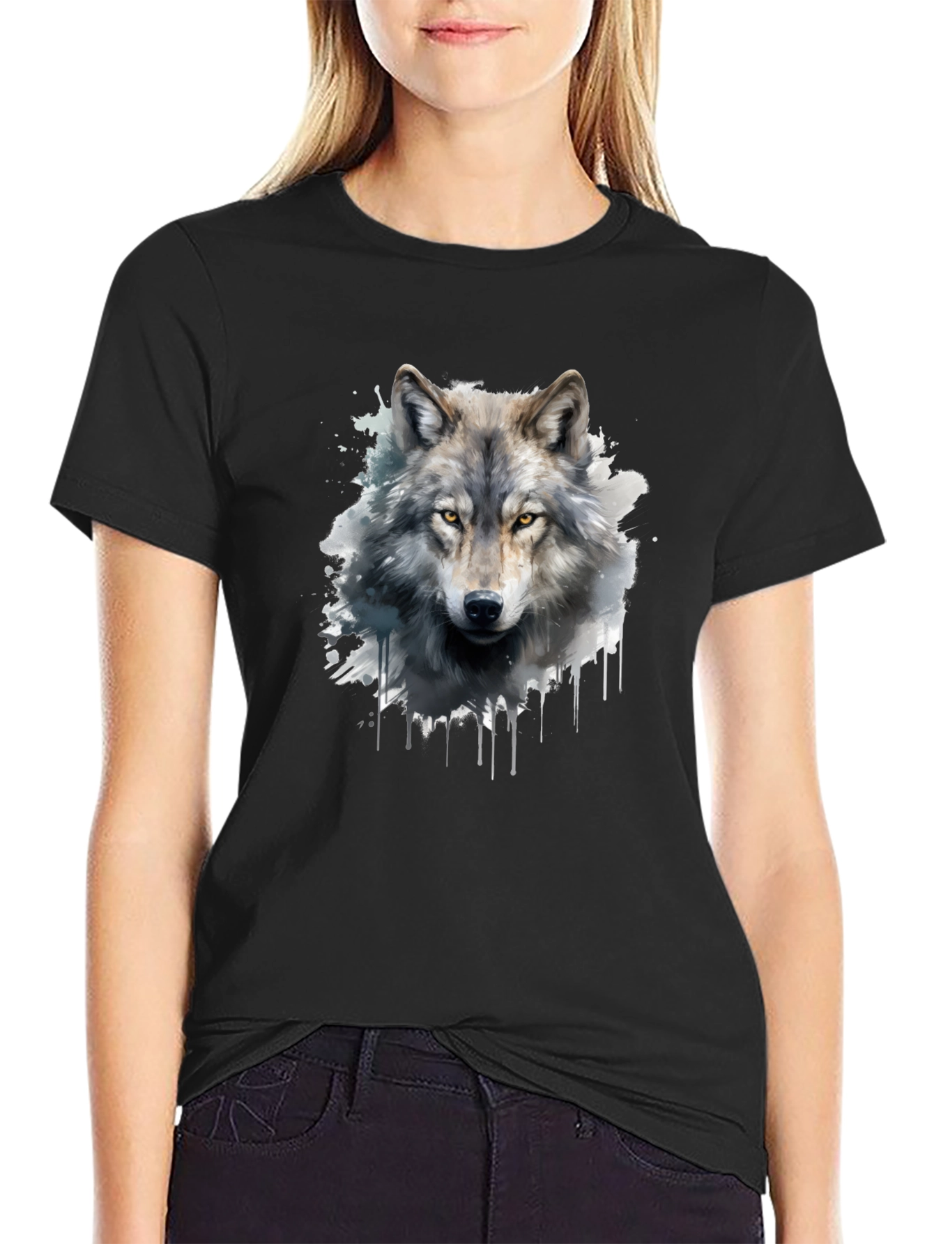 Black Wolf Graphic Print Black T-Shirt view 2