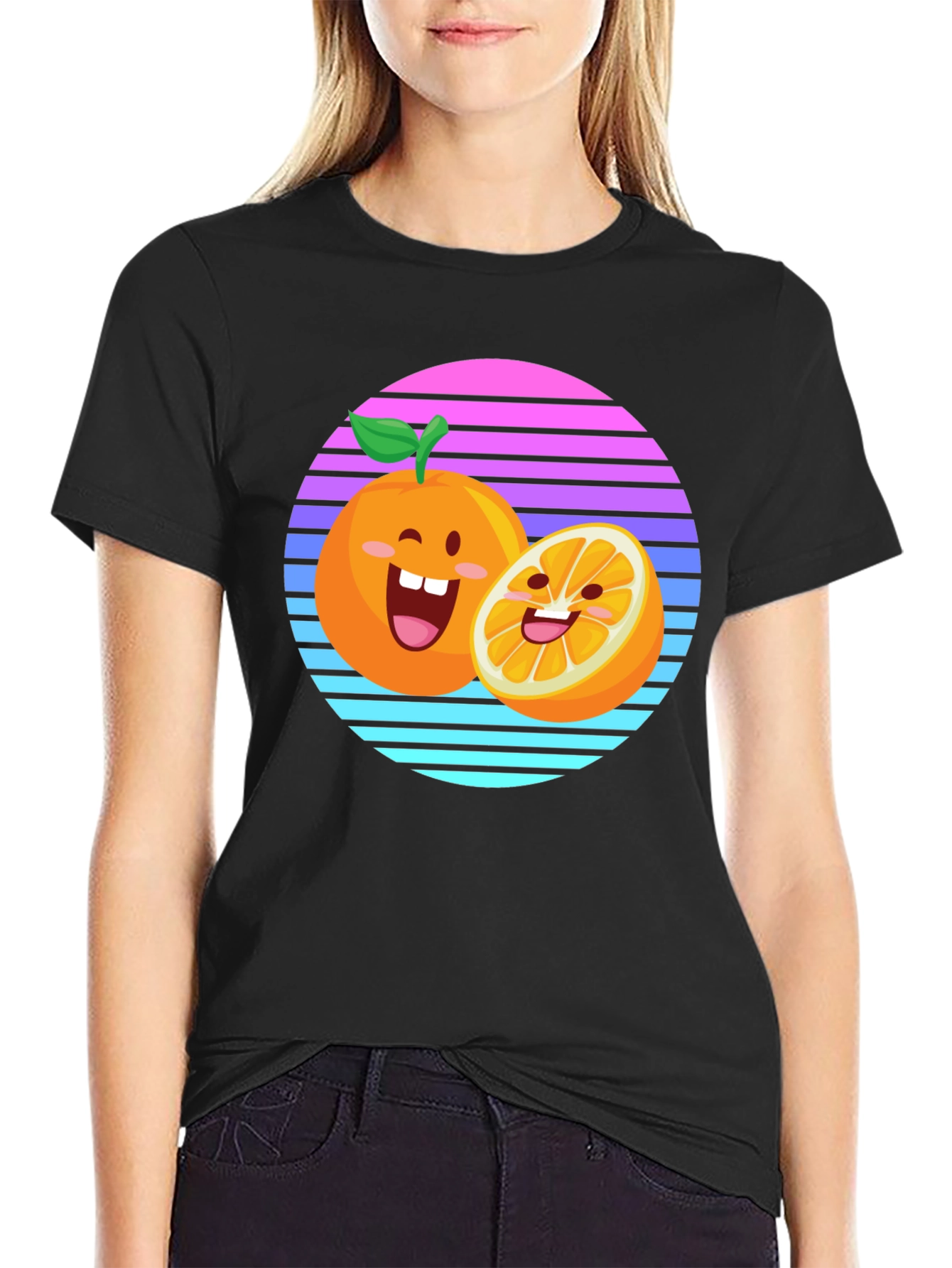 Black Cartoon Orange Sunset T-Shirt view 2