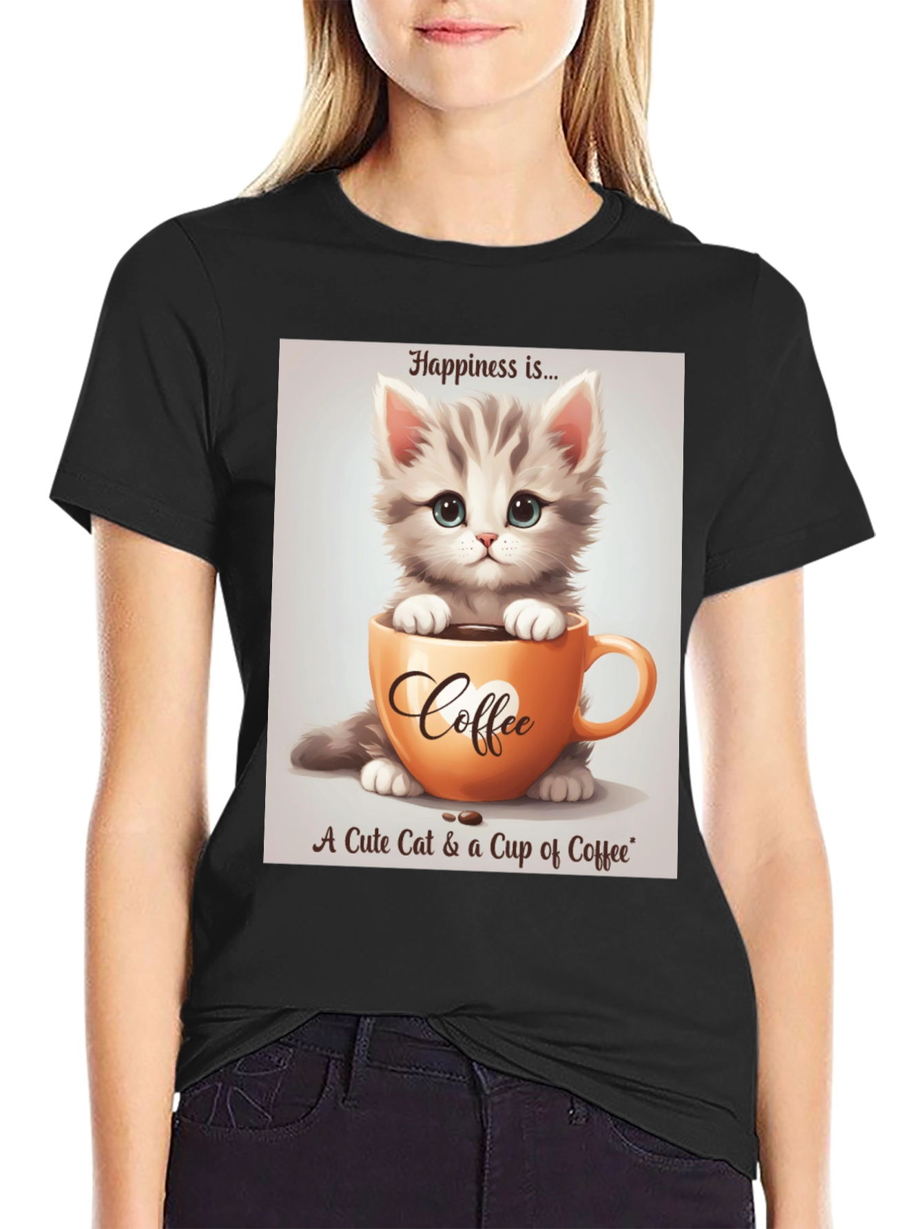 Black Cute Kitten and Coffee T-Shirt - Happiness Is... view 2