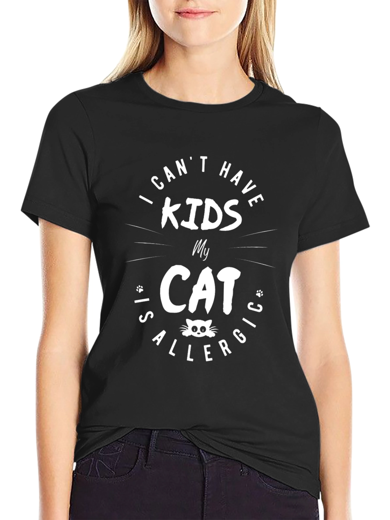 Black Funny Cat Allergy T-Shirt - I Can't Have Kids! view 2