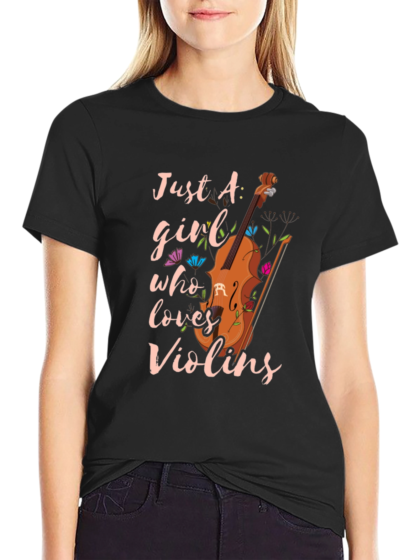 Black Just A Girl Who Loves Violins T-Shirt view 2