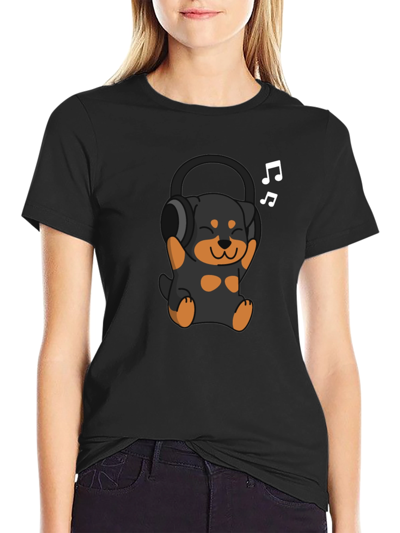 Black Rottweiler Puppy Headphones Black T-Shirt view 2