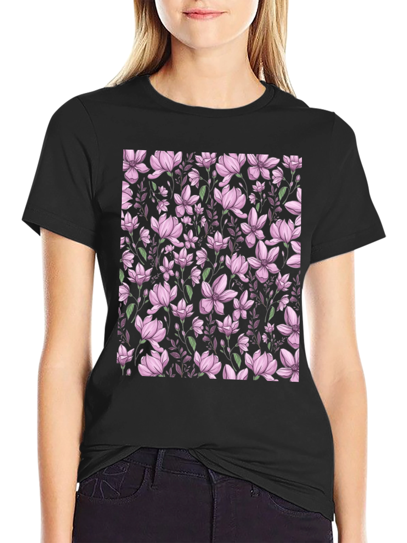 Black Floral Print T-Shirt - Black view 2
