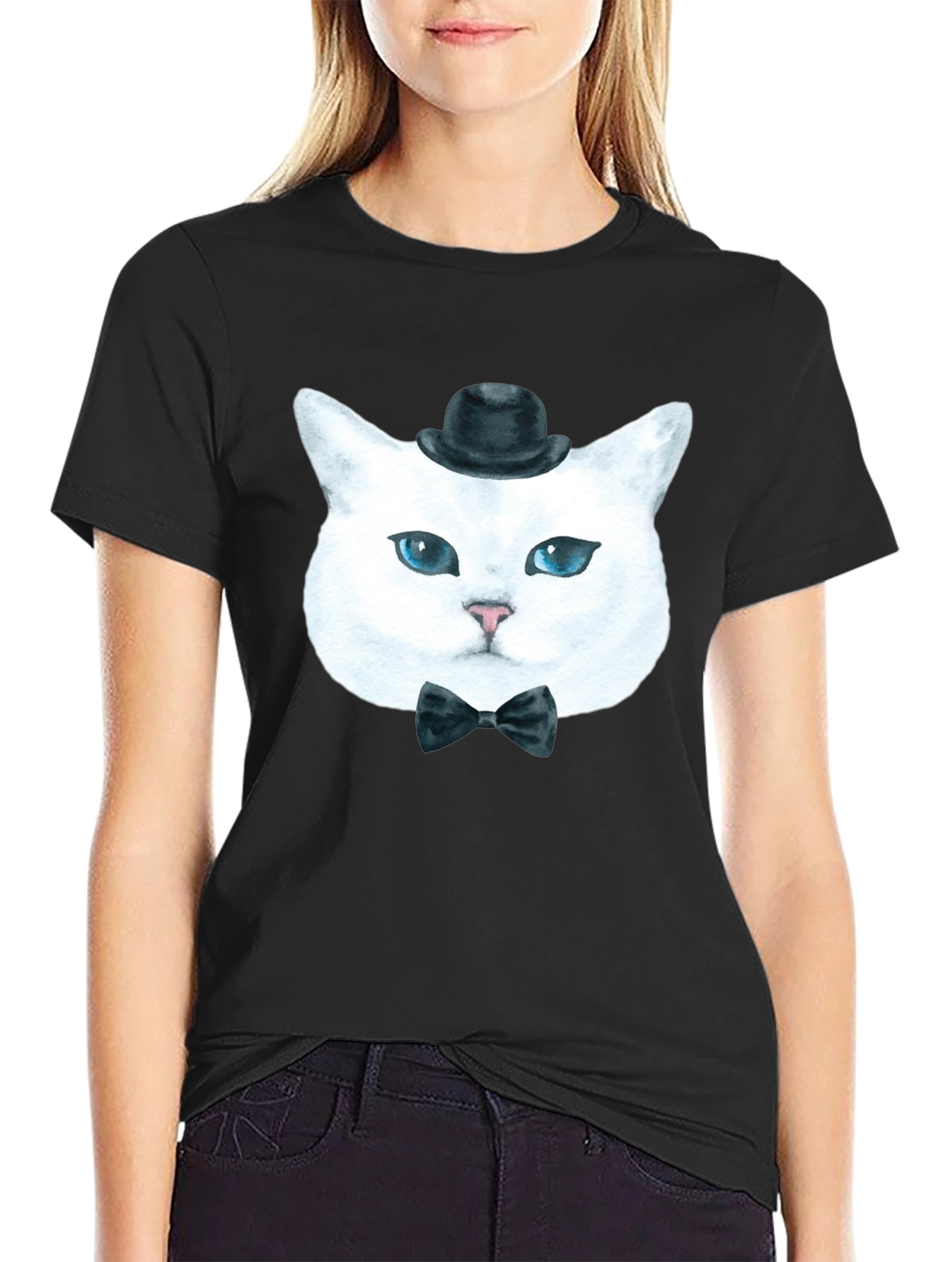 Black Dapper Cat T-Shirt: Classy Feline in Bow Tie & Hat view 2