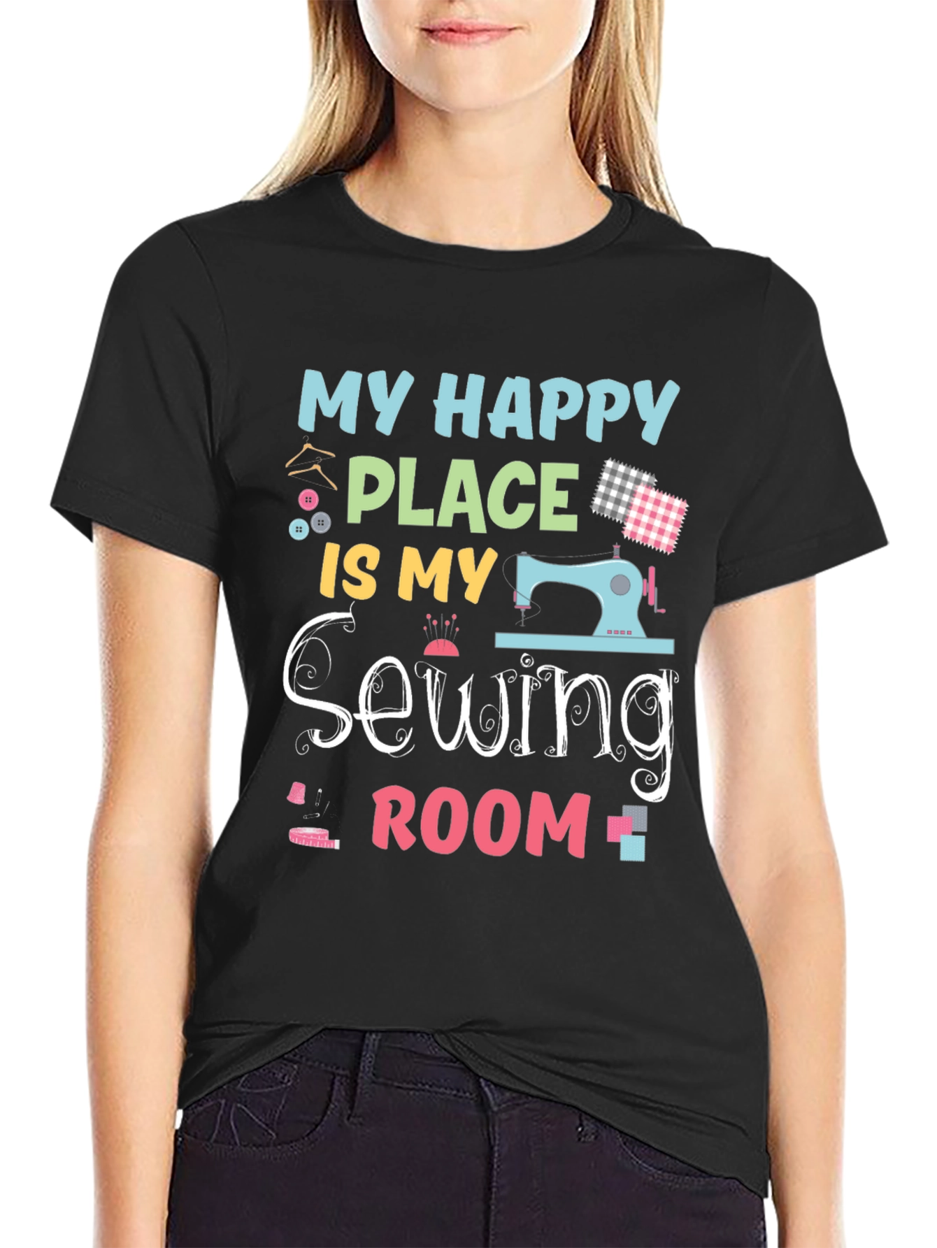Black My Happy Place is My Sewing Room T-Shirt view 2