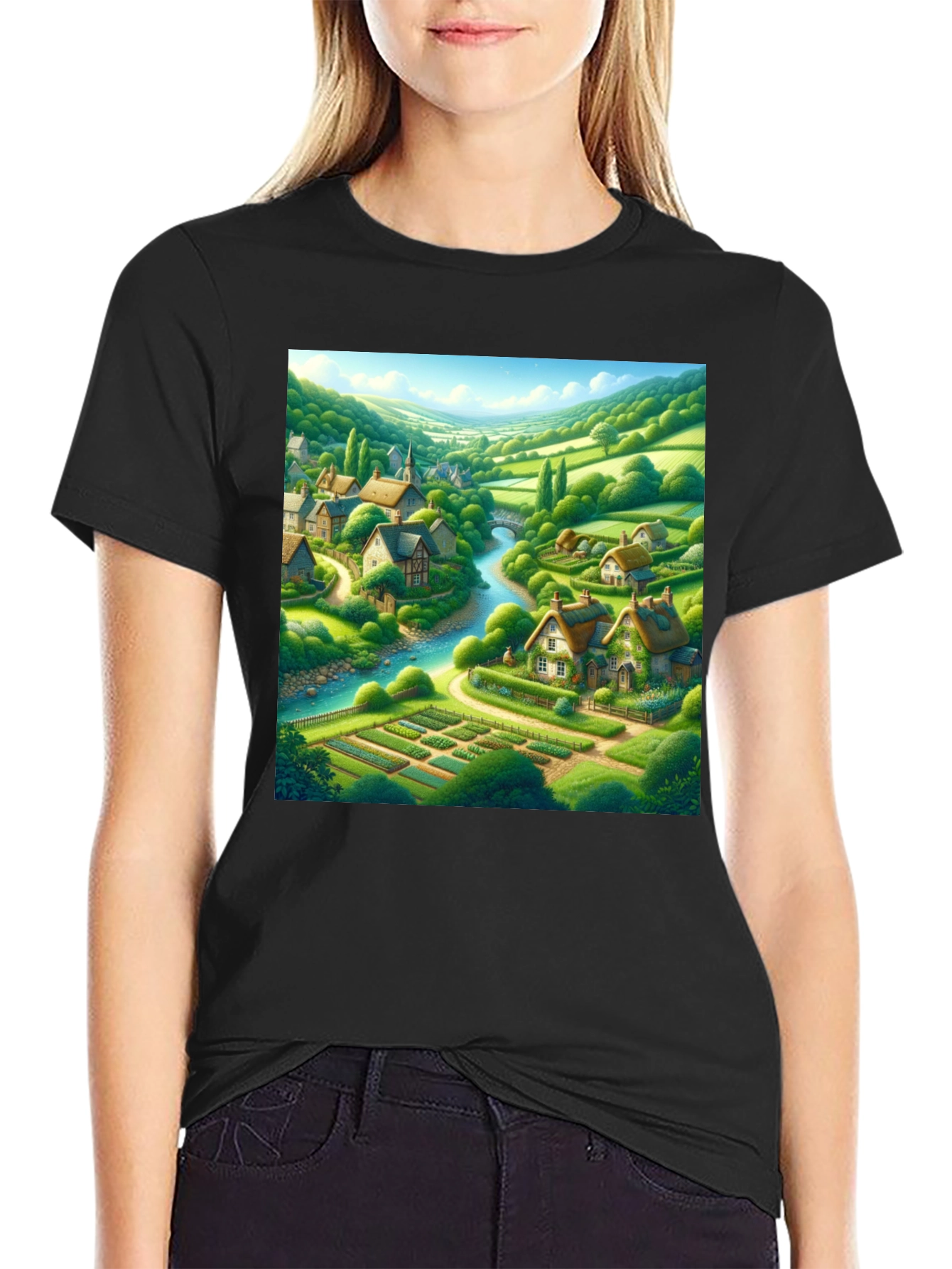 Black Quaint Village T-Shirt - Scenic Landscape Tee view 2