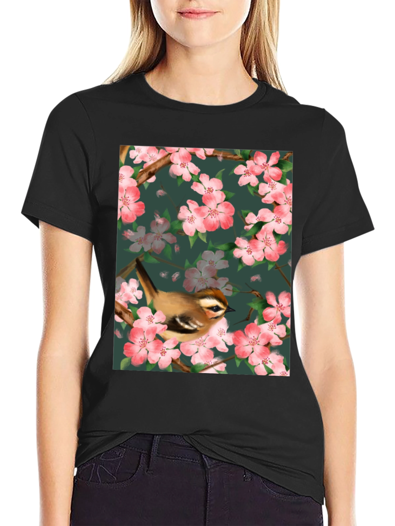 Black Bird & Blossom Graphic Tee - Nature Lover's Shirt view 2