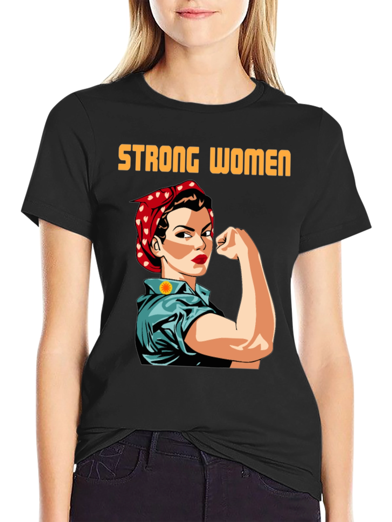 Black Strong Women T-Shirt, Empowering Rosie the Riveter Graphic Tee view 2