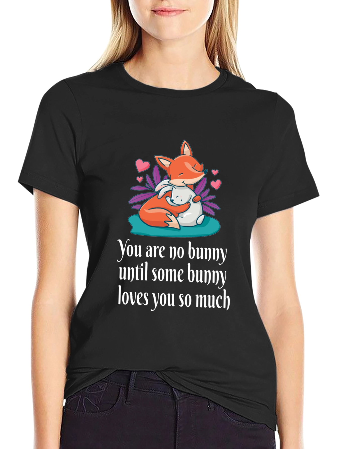 Black Cute Fox & Bunny Graphic T-Shirt - Unisex Soft Cotton Tee view 2