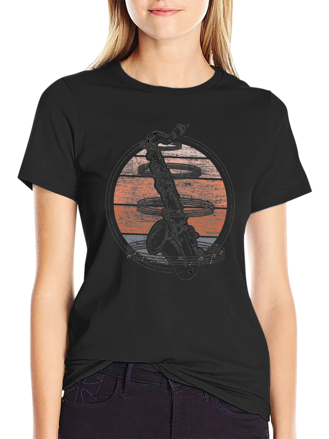 Black Saxophone Sunset Graphic Tee - Music Lover's T-Shirt view 2