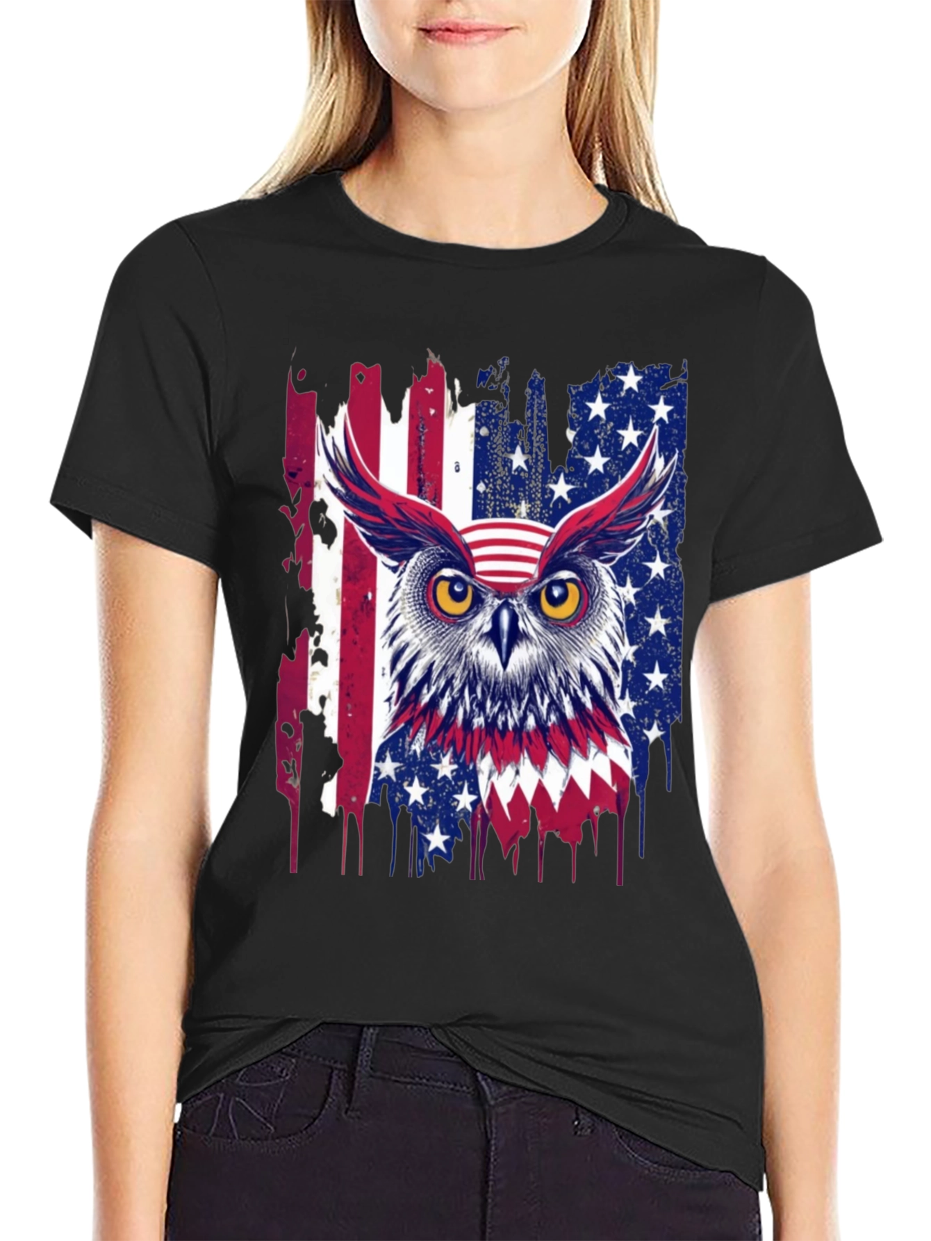 Black American Owl T-Shirt Patriotic USA Flag Tee view 2