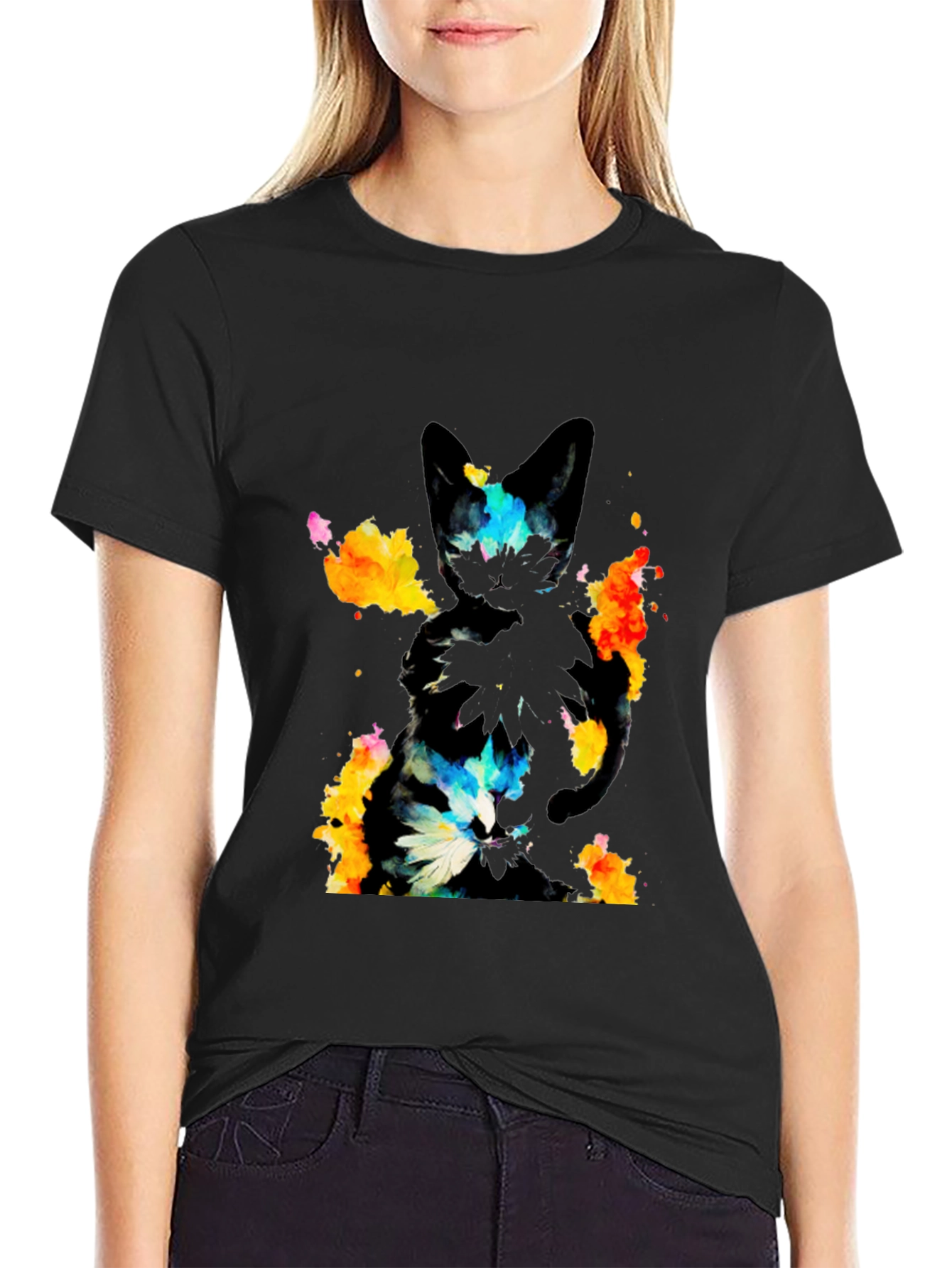 Black Abstract Cat Graphic Black T-Shirt view 2