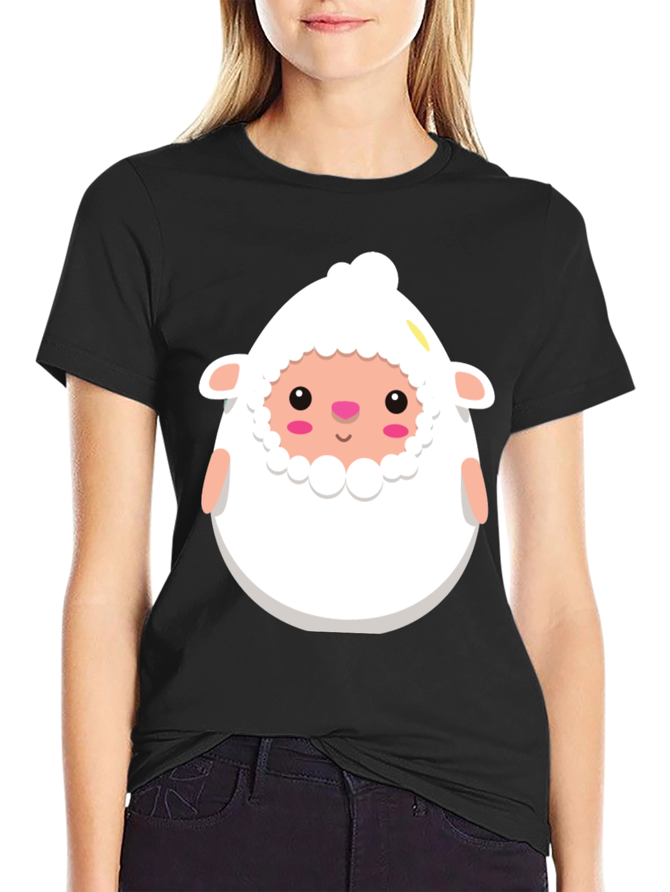 Black Cute Sheep Cartoon Black T-Shirt view 2