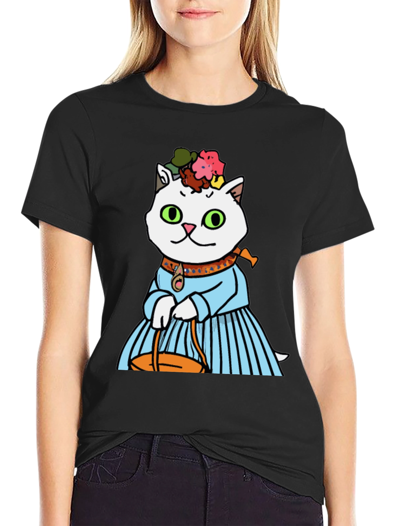 Black Frida Kahlo Cat T-Shirt - Artsy Novelty Tee view 2