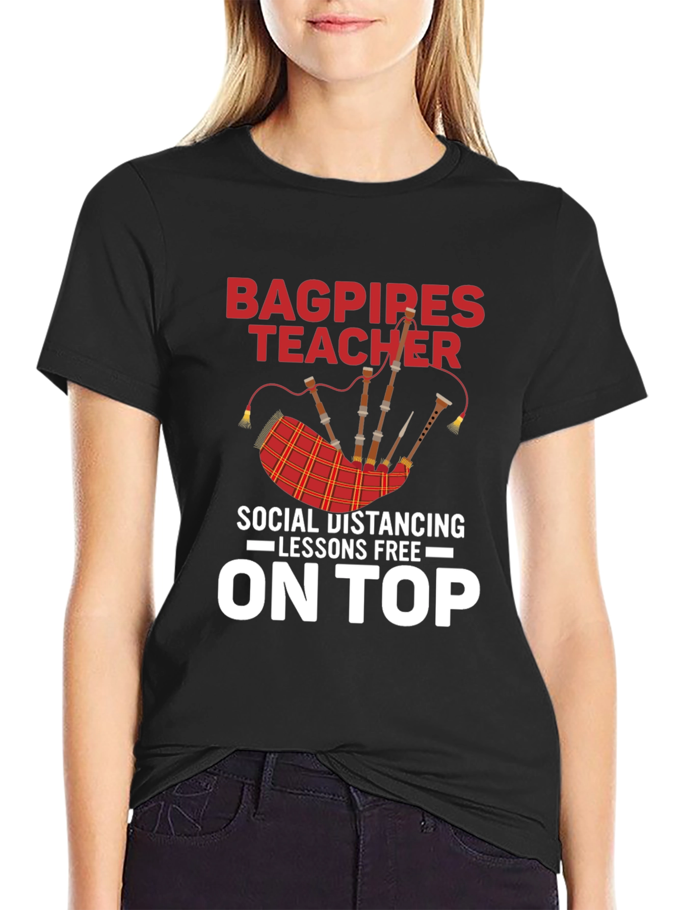 Black Bagpipes Teacher T-Shirt: Social Distancing Lessons view 2