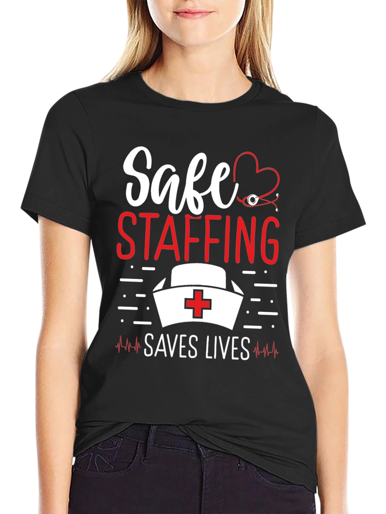 Black Safe Staffing Saves Lives Nurse T-Shirt view 2