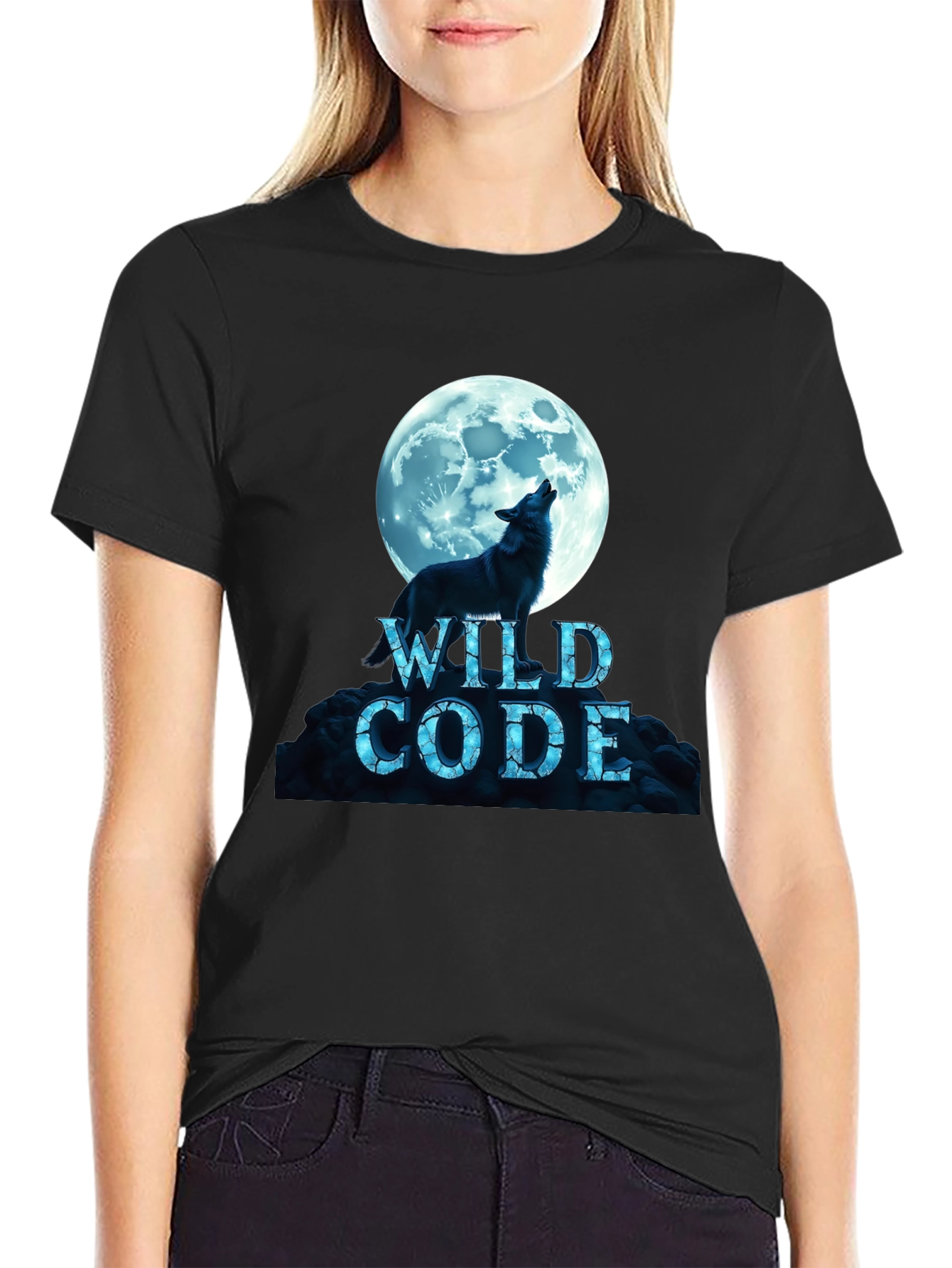 Black Wild Code Wolf Moon Black T-Shirt view 2