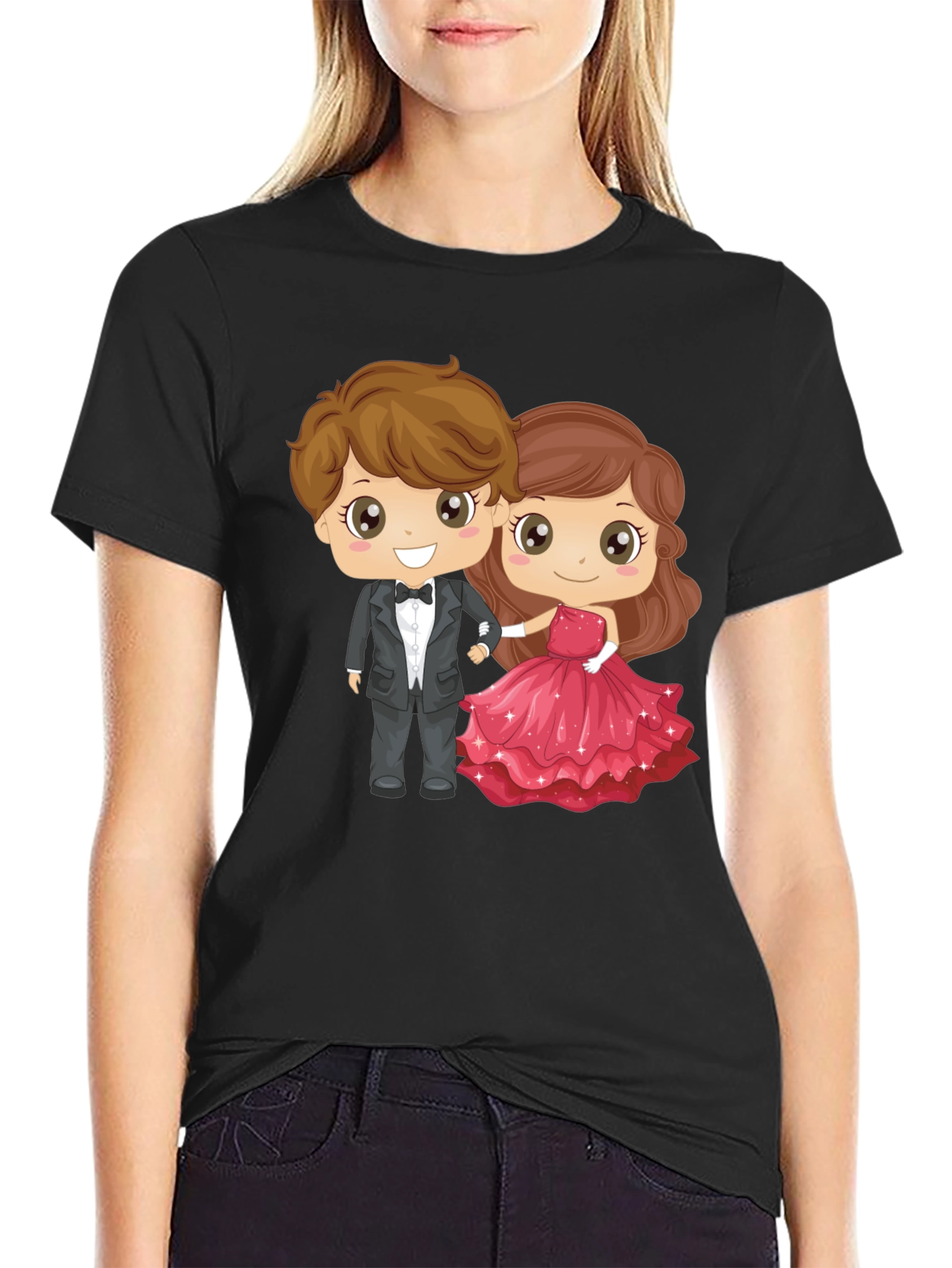 Black Cartoon Couple Graphic Black T-Shirt view 2