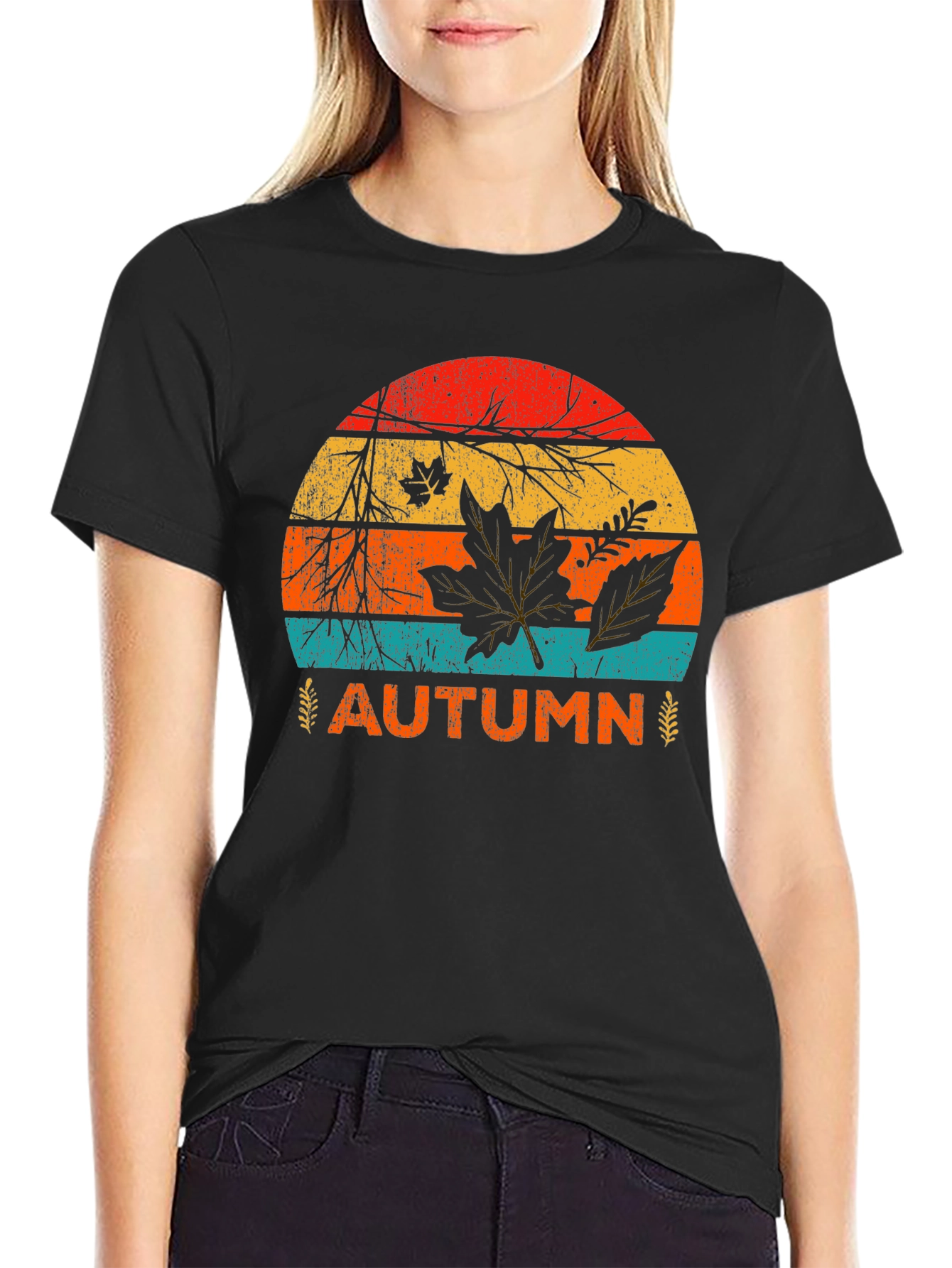 Black Retro Autumn Leaves Graphic Tee - Black view 2