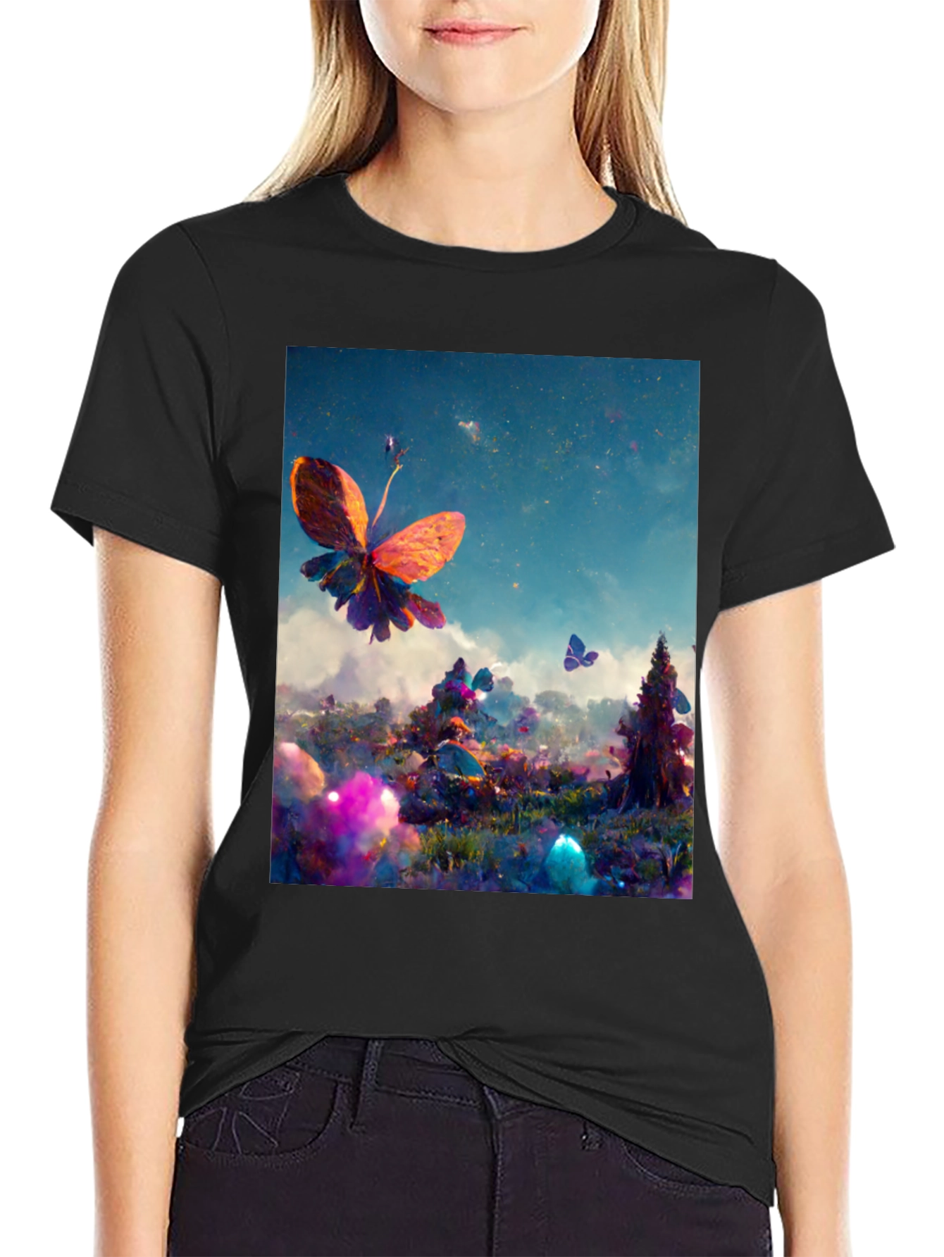 Black Butterfly Fantasy Graphic Tee - Black Cotton Blend view 2