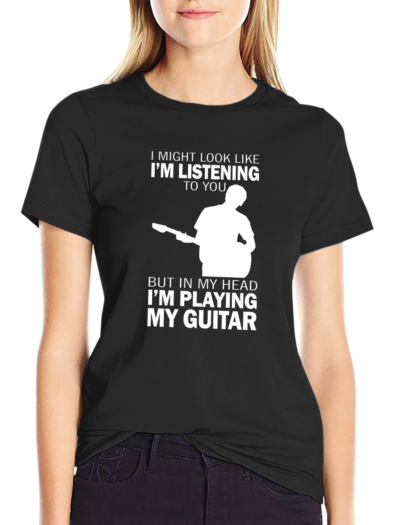 Black Guitar Player T-Shirt: "I'm Playing My Guitar" Design view 2