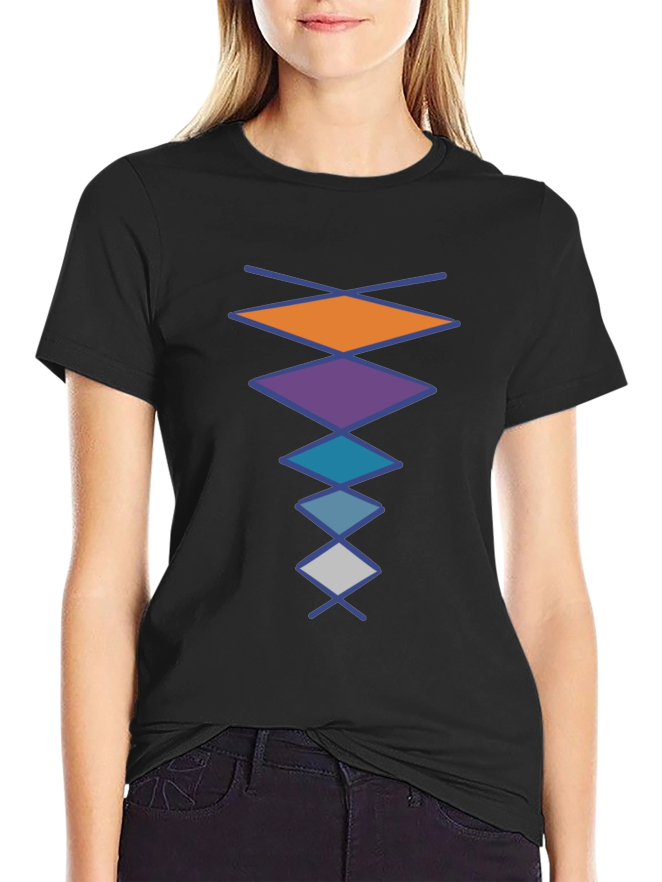 Black Geometric Diamond Pattern Black T-Shirt view 2