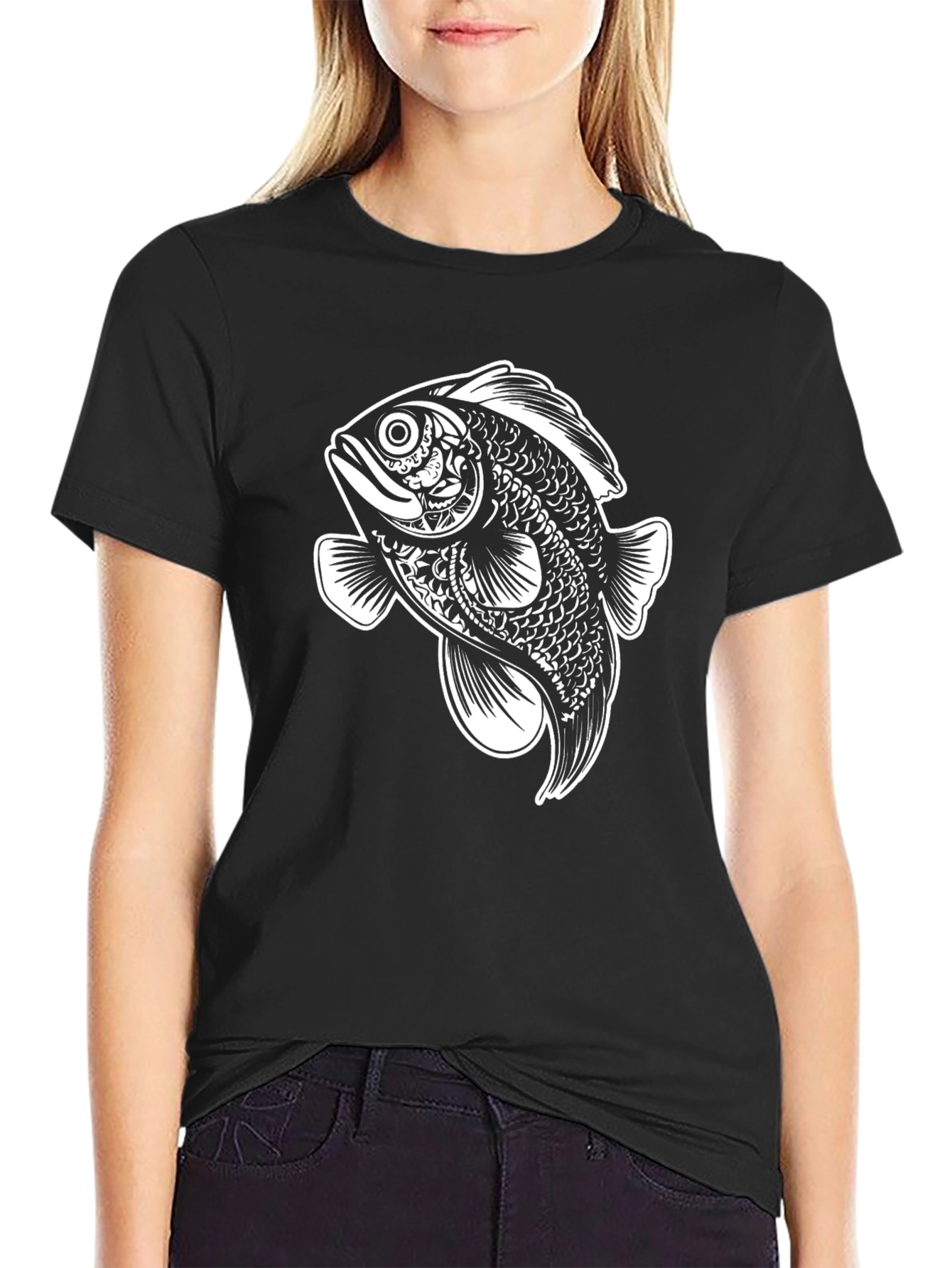 Black Black T-Shirt with Artistic Fish Graphic view 2