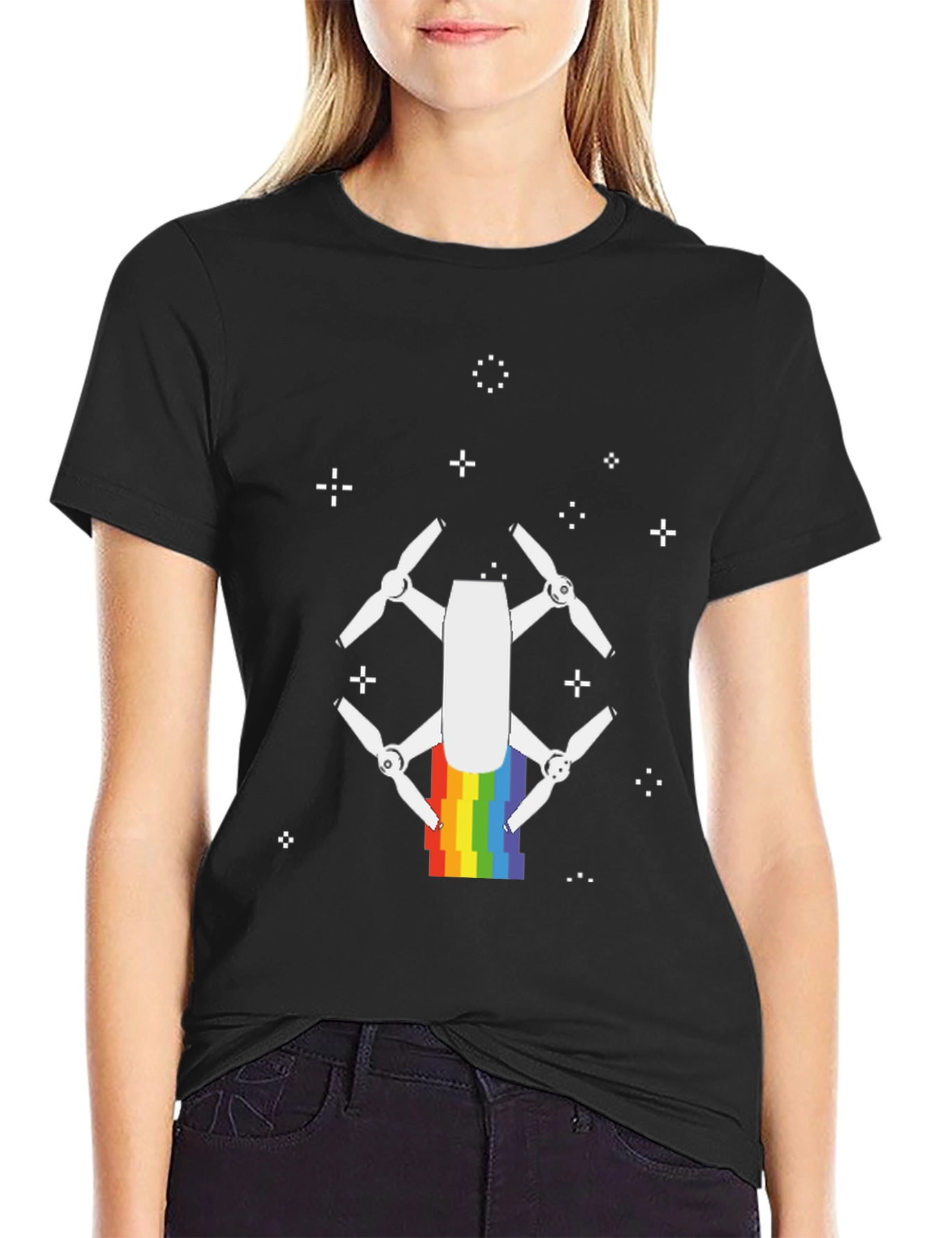 Black Rainbow Drone Graphic Tee - Black Cotton T-Shirt view 2