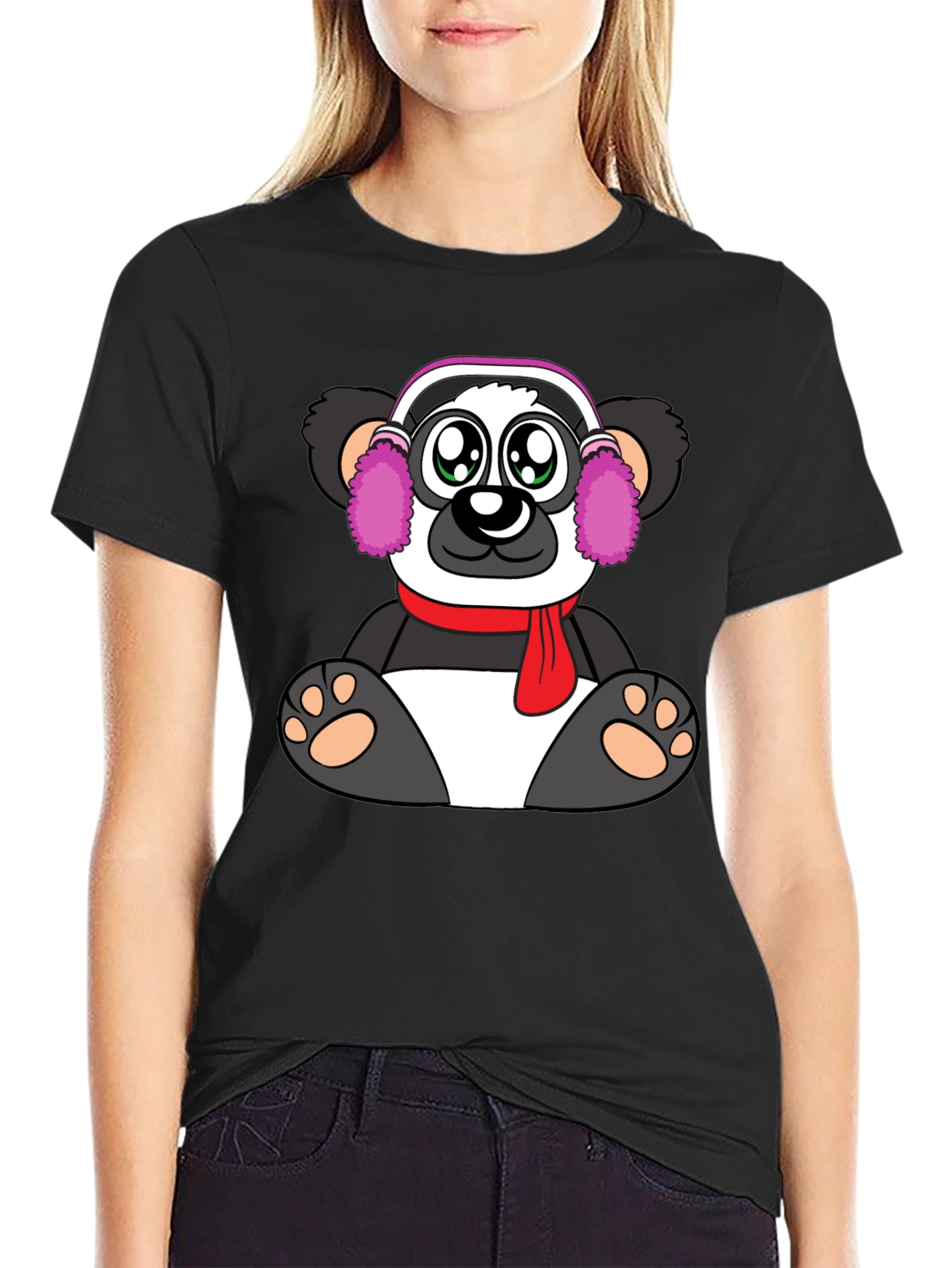 Black Cute Panda Bear Graphic Tee - Black Cotton Blend view 2