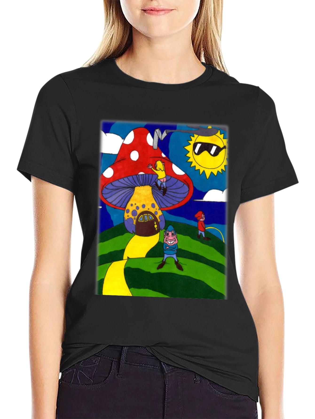 Black Funky Mushroom House Graphic Tee view 2