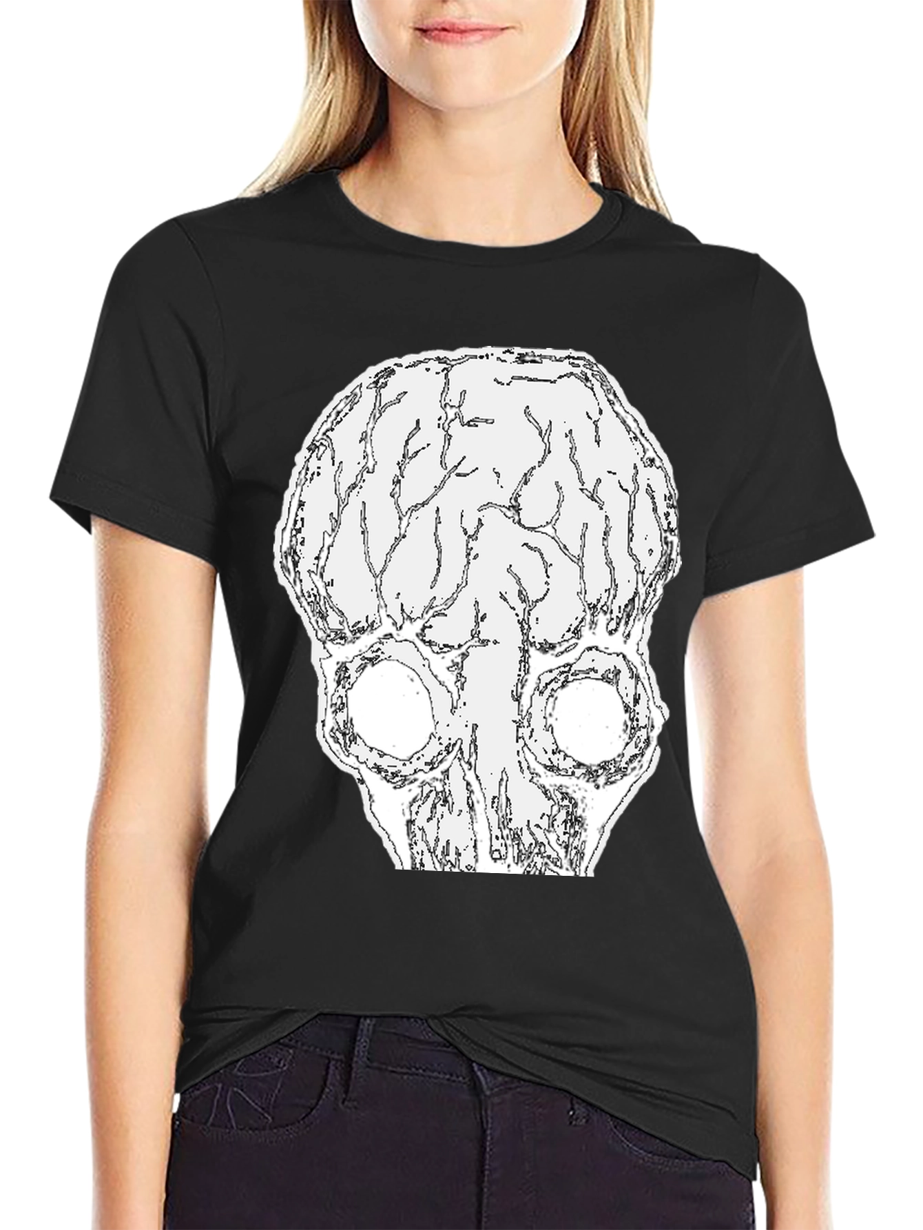 Black Brain Skull Graphic Tee - Black Cotton T-Shirt view 2