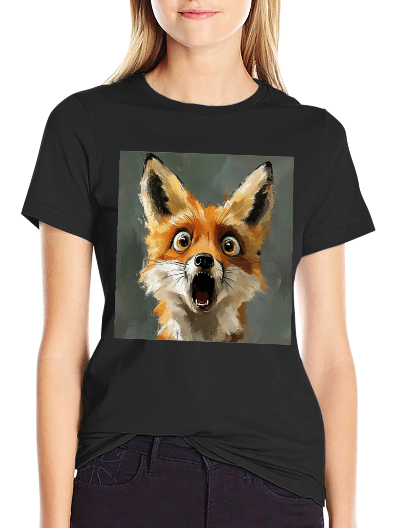 Black Surprised Fox Graphic Tee - Black Cotton T-Shirt view 2