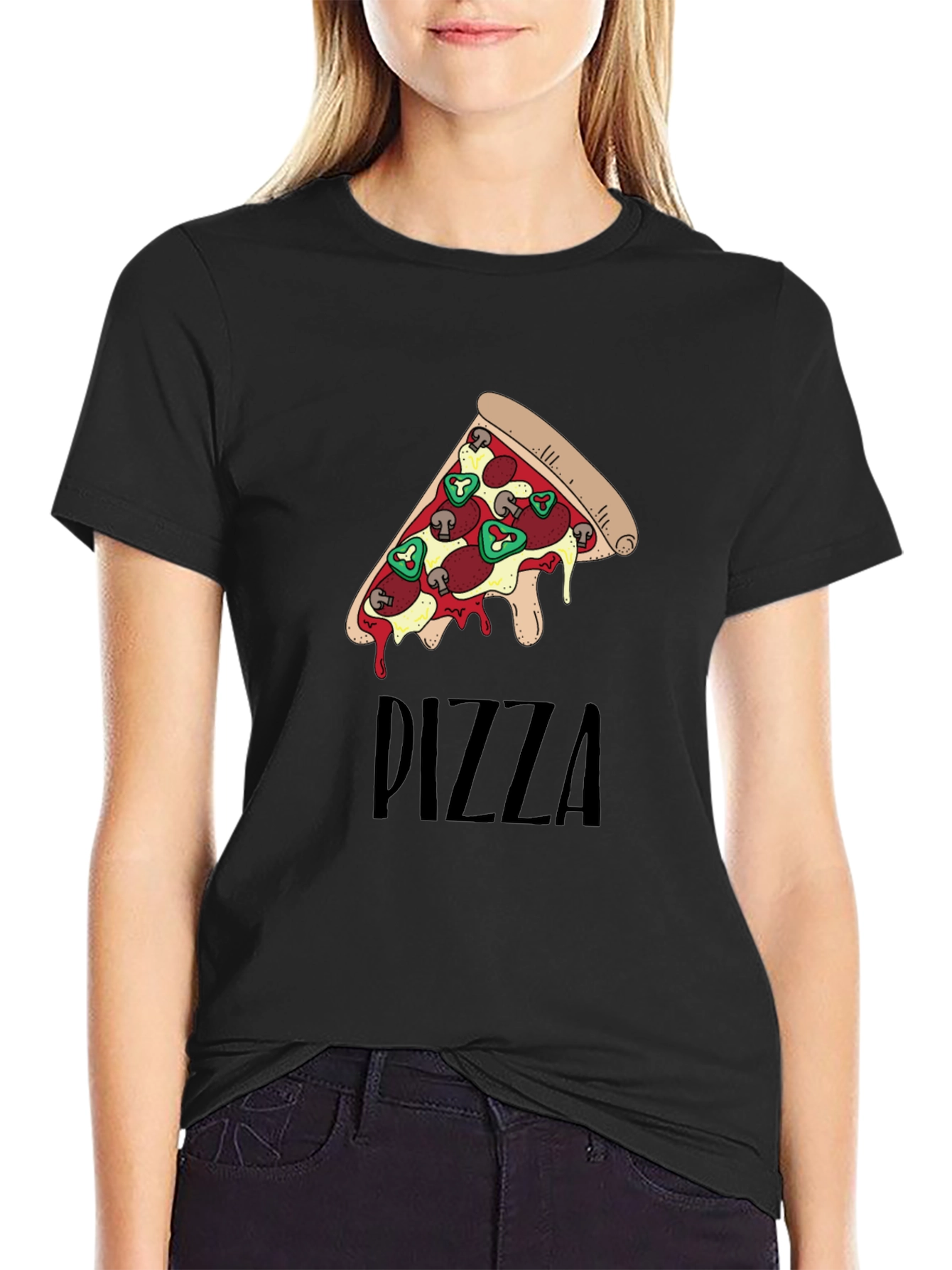 Black Pizza Slice Graphic Print Black T-Shirt view 2