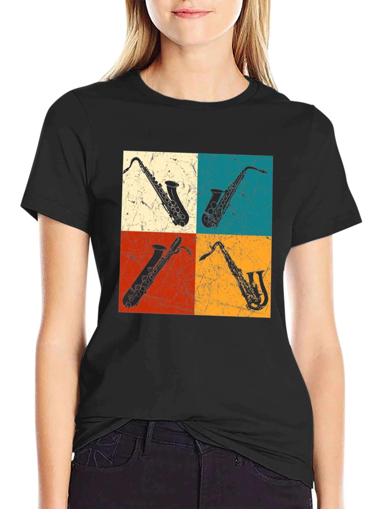 Black Saxophone Pop Art Graphic Tee - Music Lover T-Shirt view 2