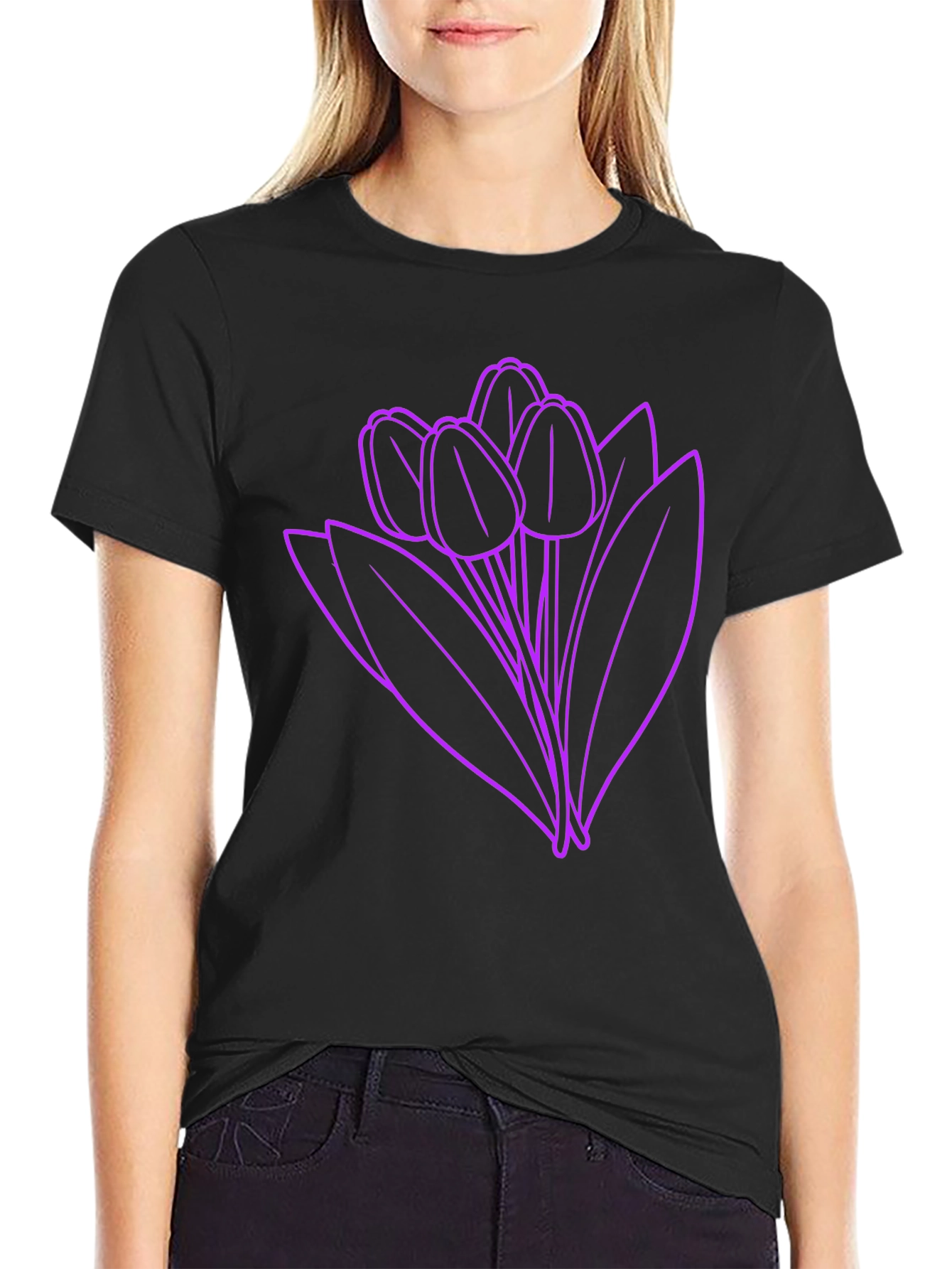 Black Floral Graphic Tee - Purple Tulips on Black view 2