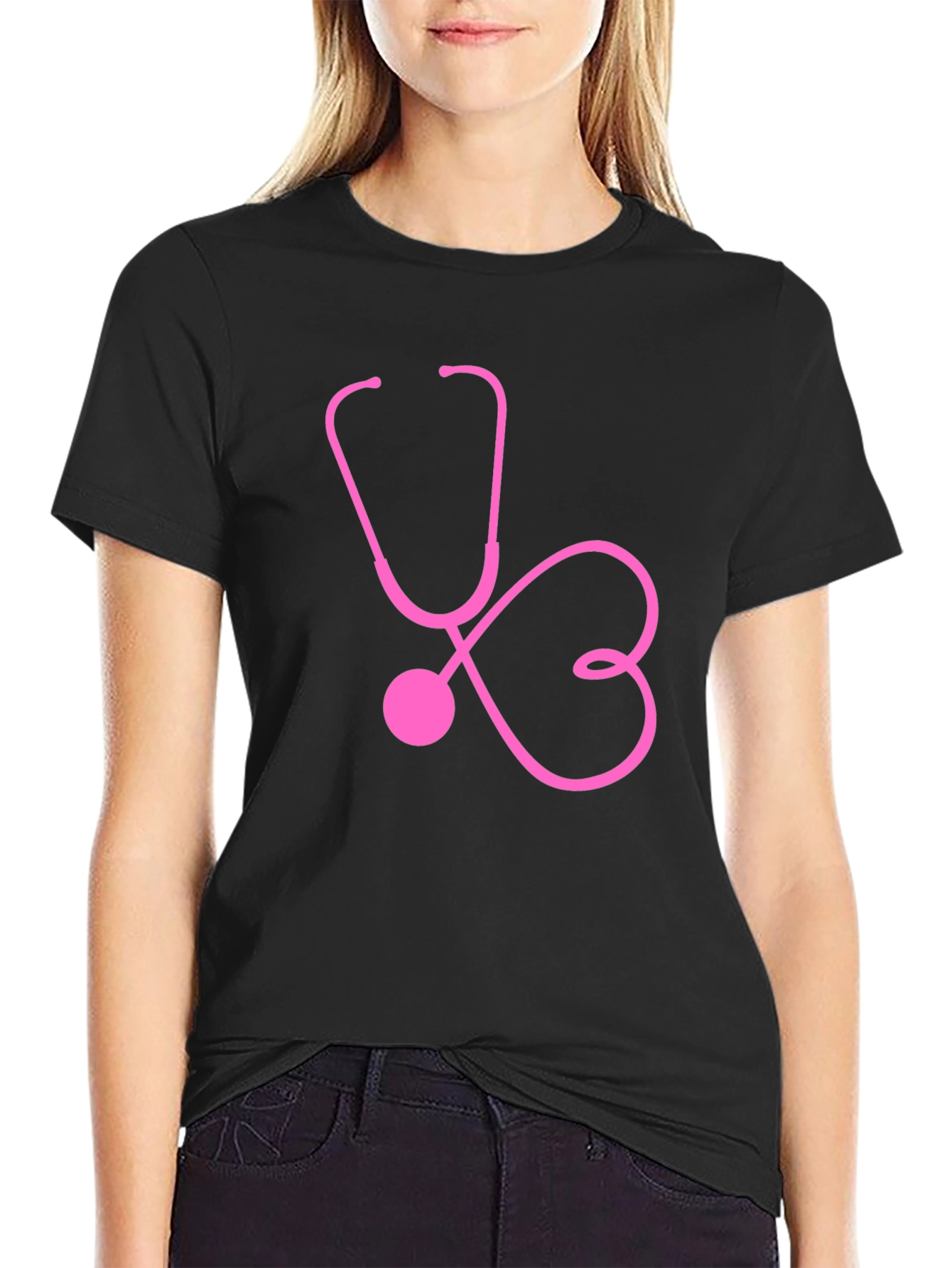 Black Pink Stethoscope Heartbeat Black T-Shirt view 2