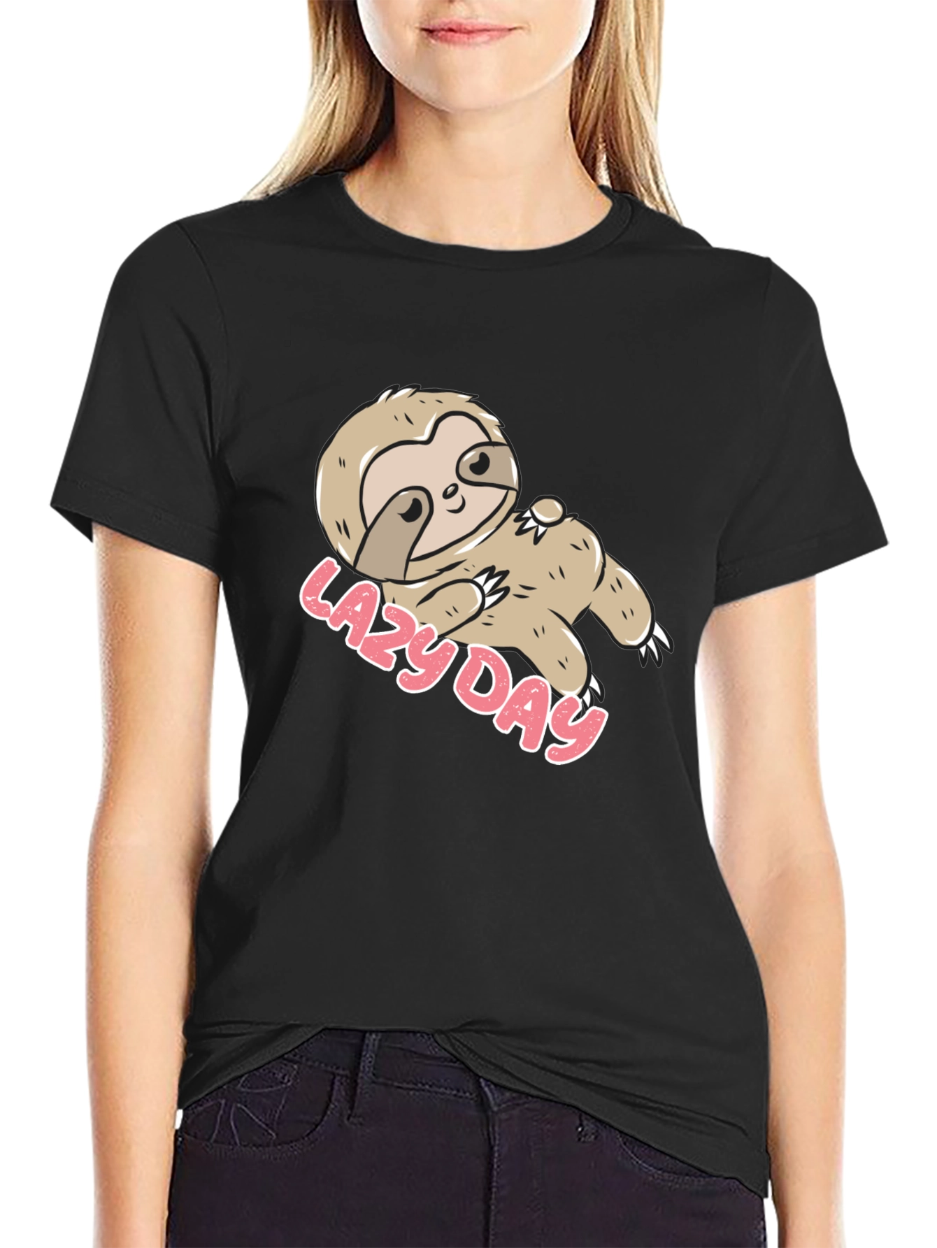 Black Lazy Day Sloth Graphic Tee - Relaxed Comfort view 2