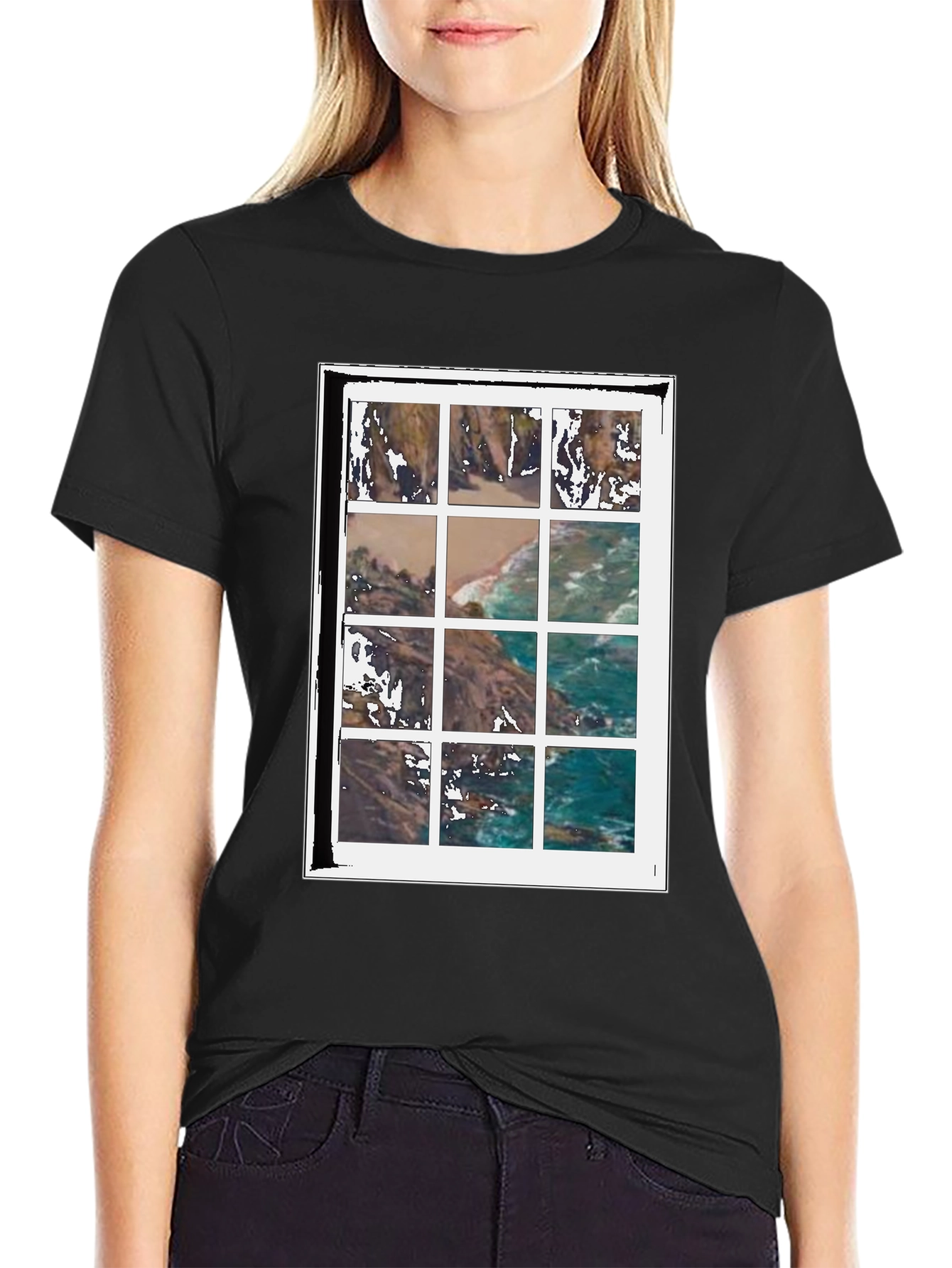 Black Coastal View Grid Print Black T-Shirt view 2