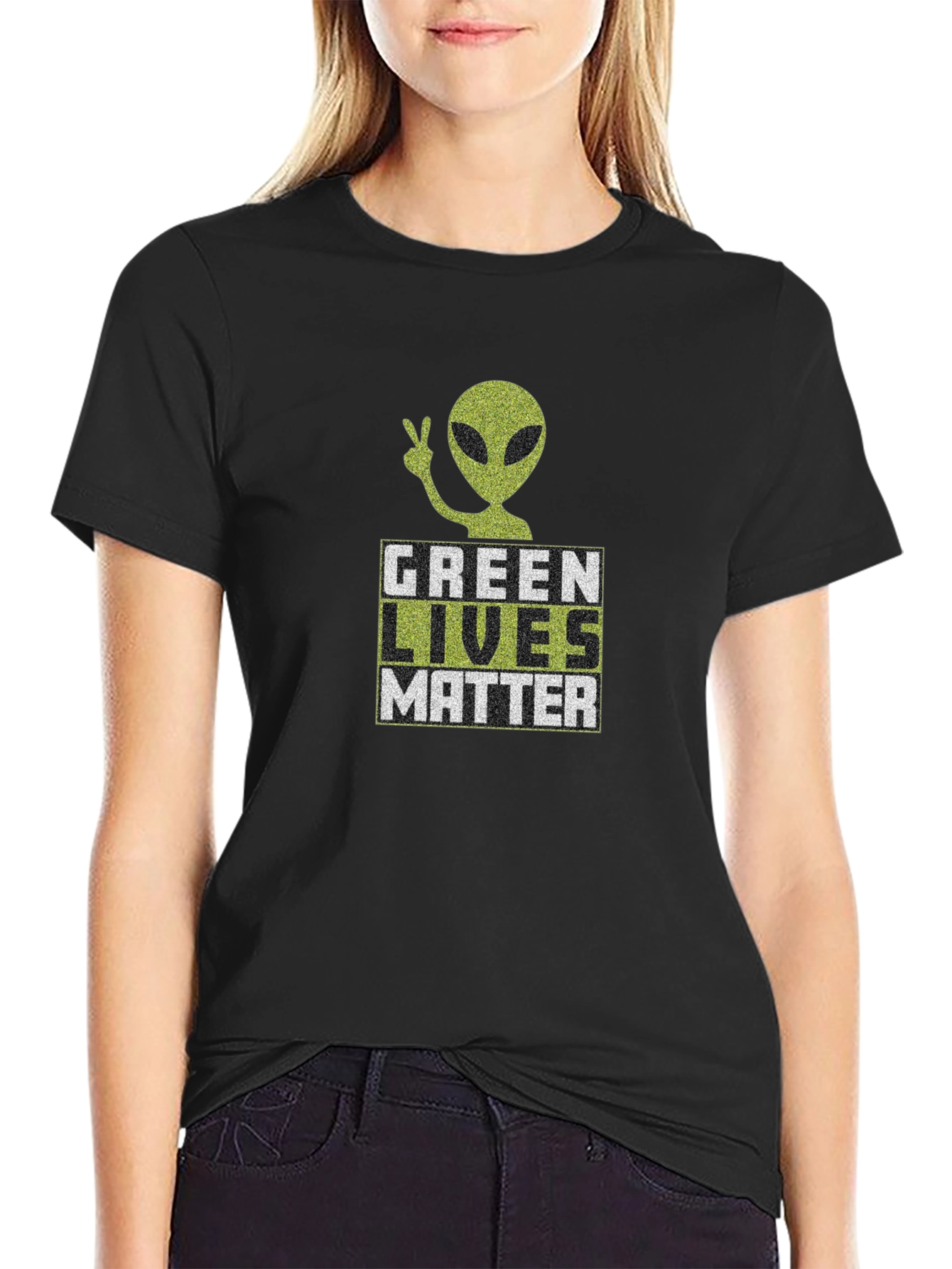 Black Green Lives Matter Alien Graphic T-Shirt view 2
