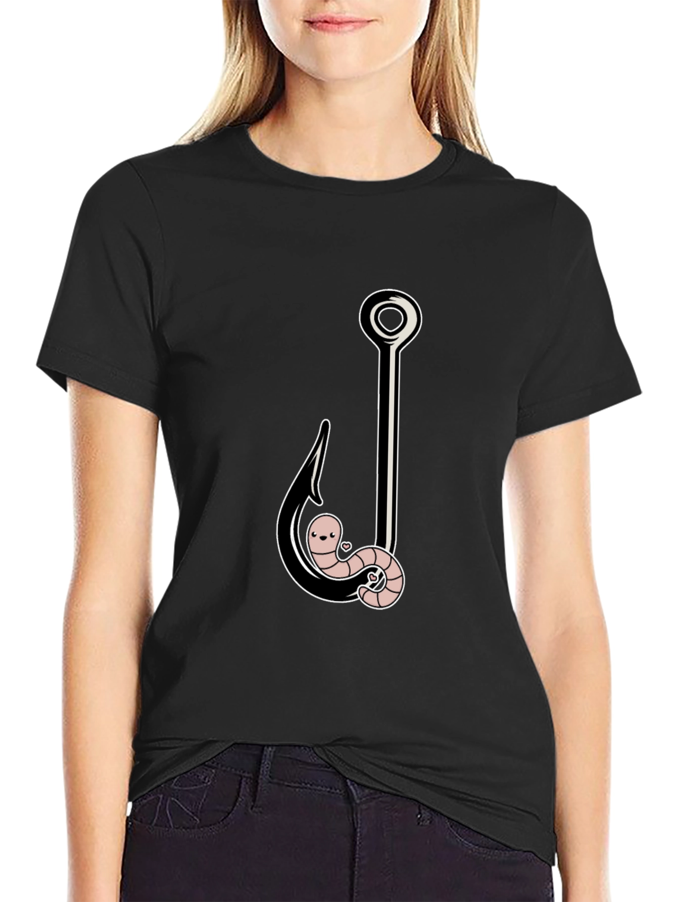 Black Funny Worm On A Hook Black T-Shirt view 2
