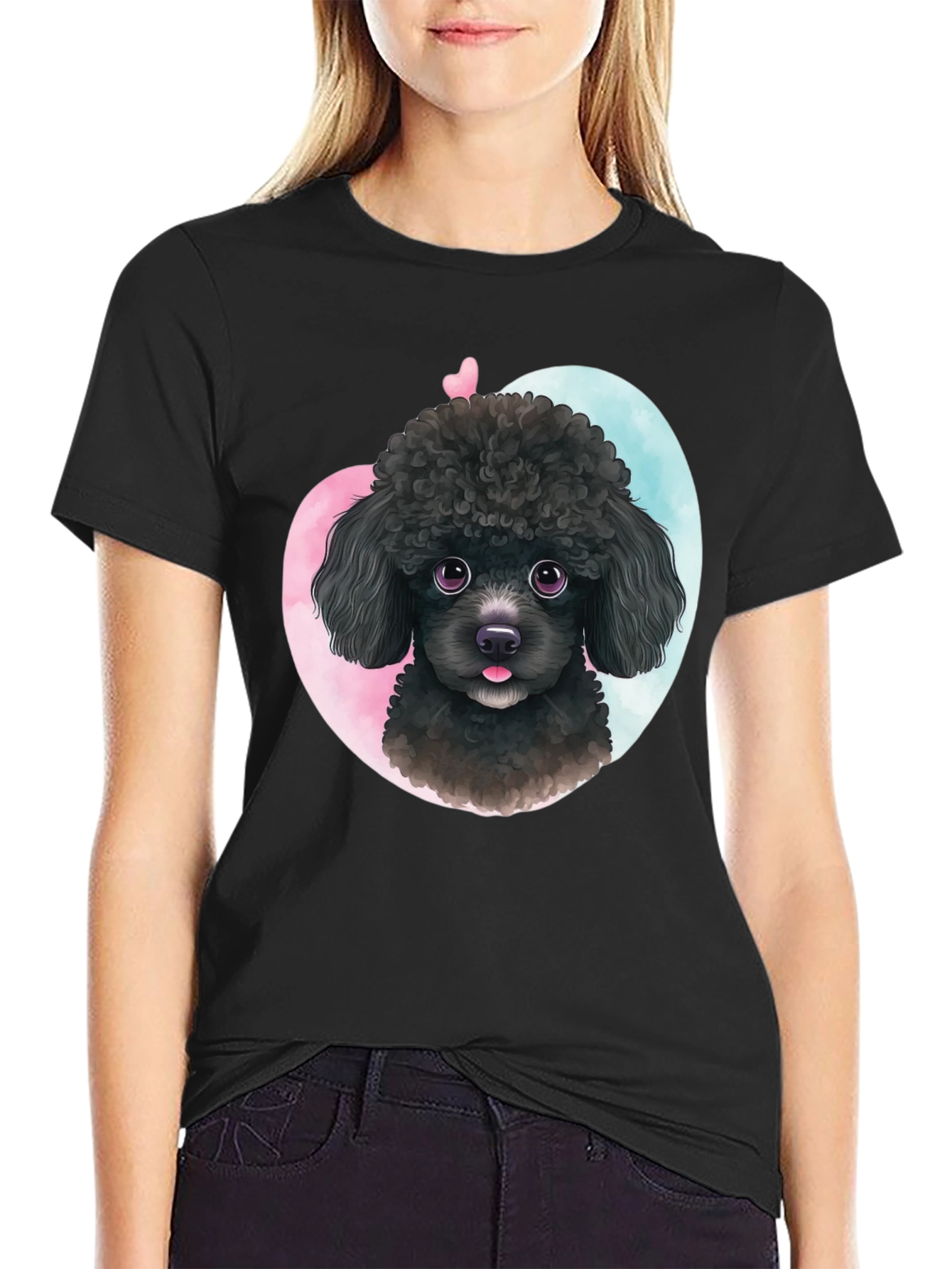 Black Cute Poodle Heart T-Shirt - Black view 2