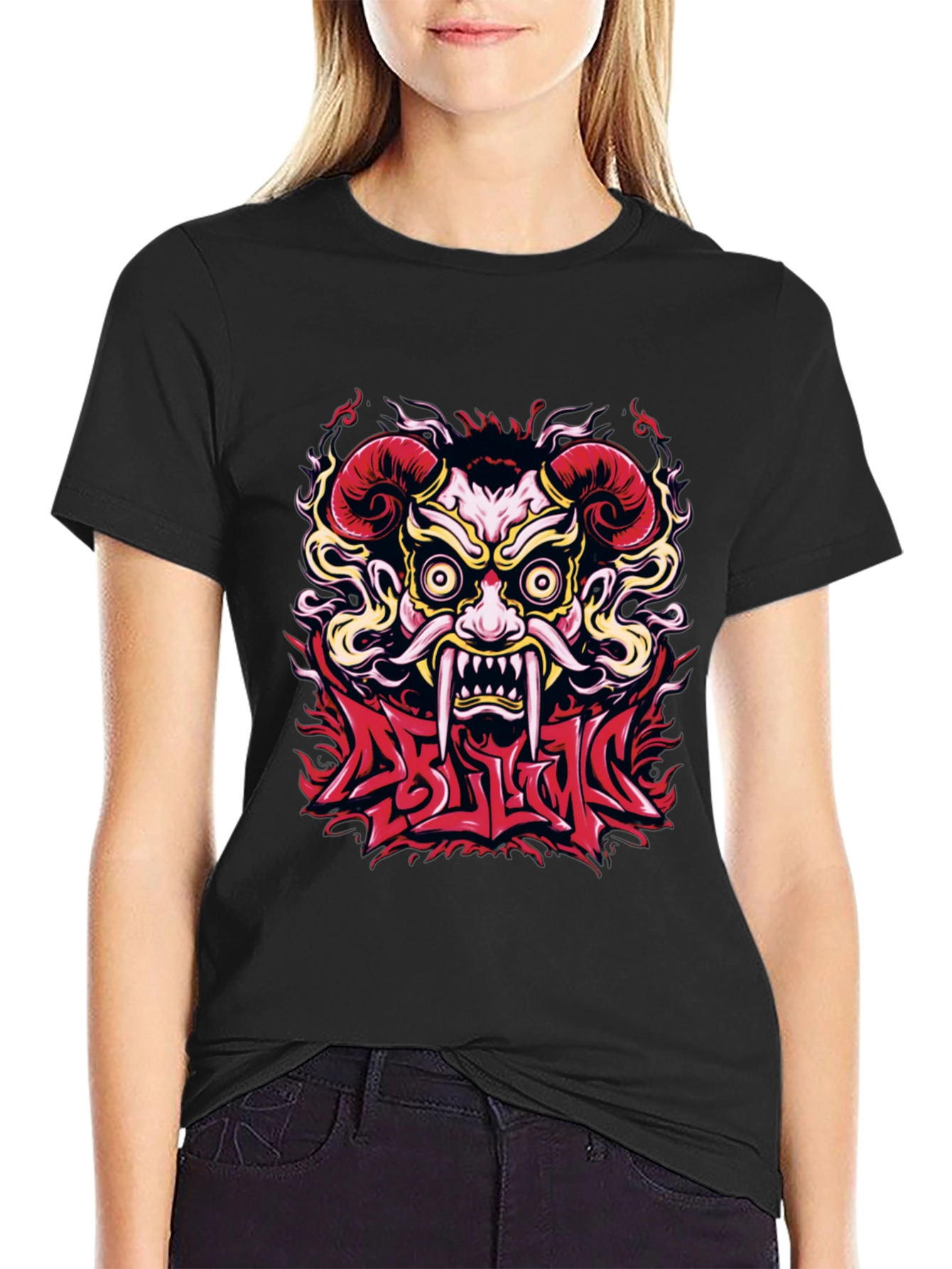 Black  Oni Mask Graphic T-Shirt - Bold Design view 2