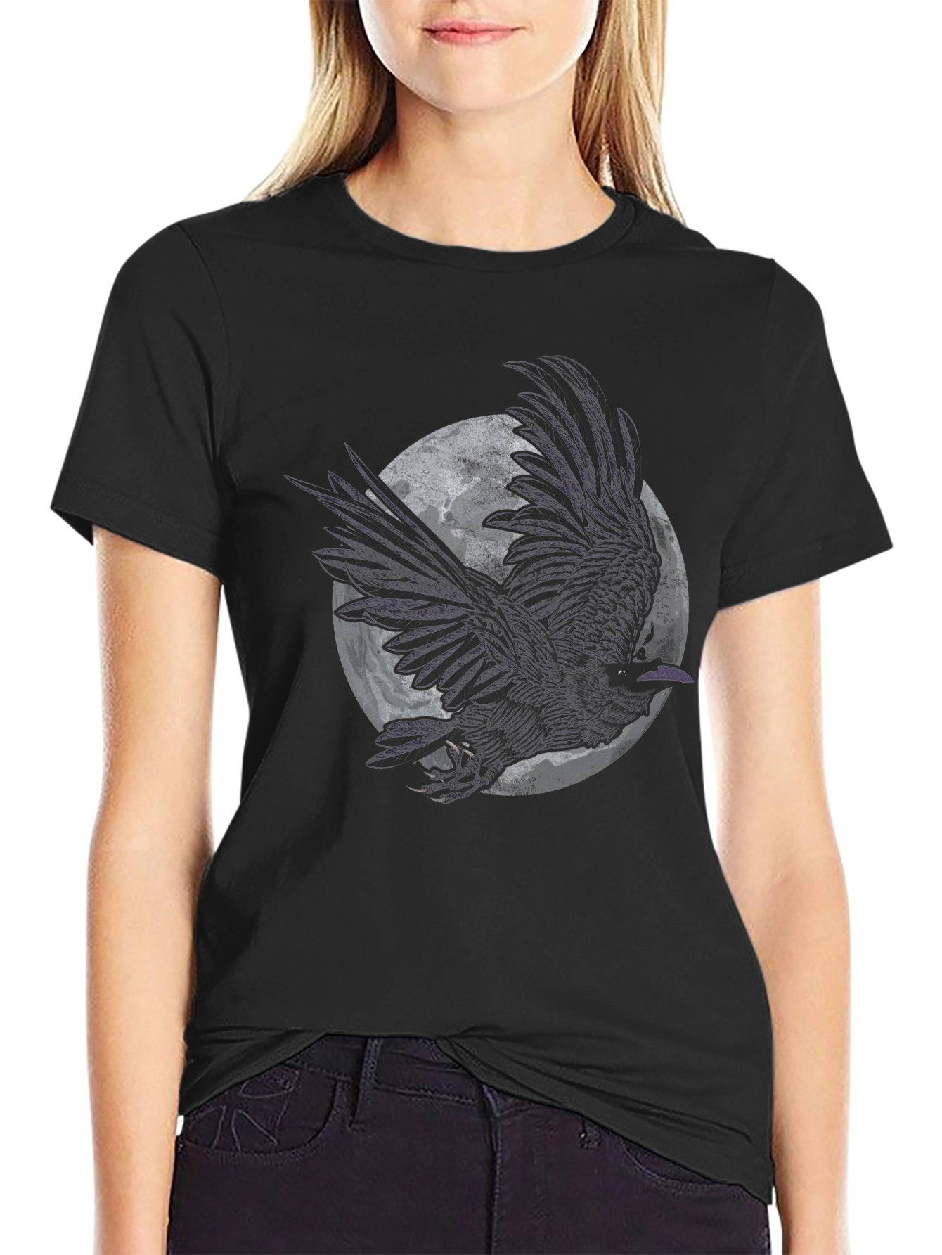 Black Raven Moon Graphic Tee - Black Cotton T-Shirt view 2