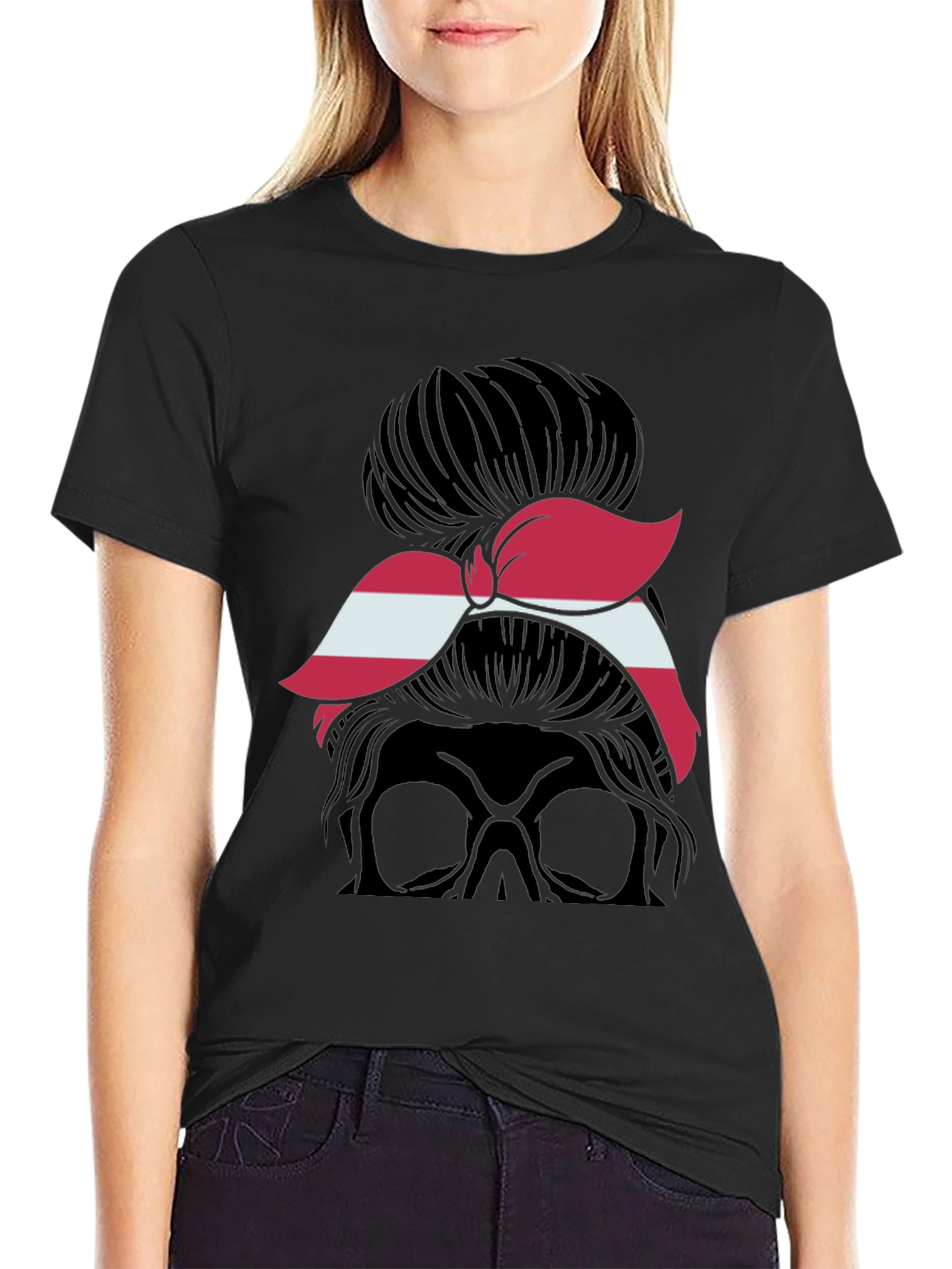 Black Messy Bun Skull Latvia Flag T-Shirt view 2