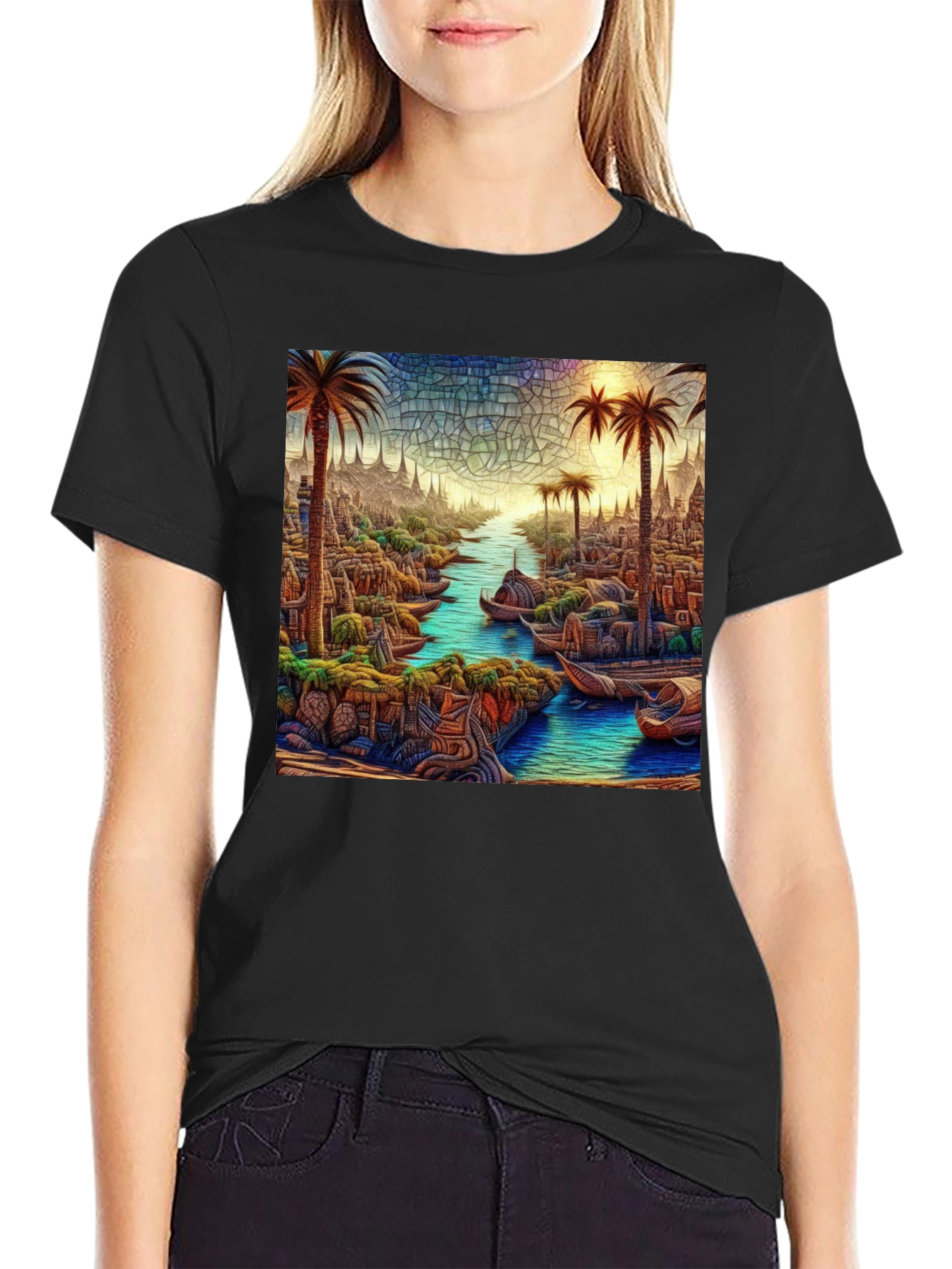 Black Tropical Mosaic Art Tee - Men's Black T-Shirt view 2
